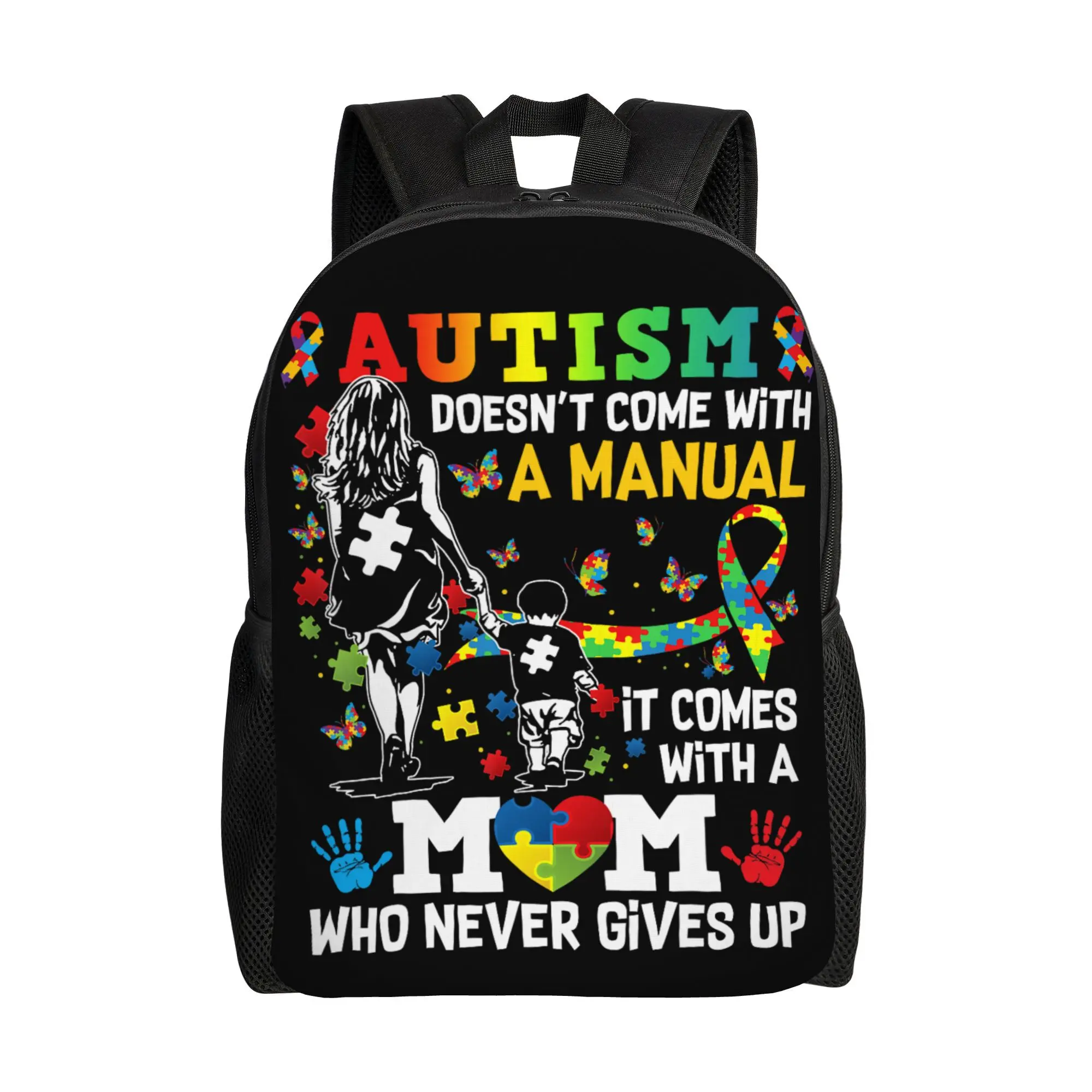 1 Autism Awareness Puzzle Pattern Backpack - Lightweight Retro Day Bag for Work, School, Travel with Adjustable Strap and Zip Seal, Machine Washable Backpack for Adults and Teens as Autism Gift