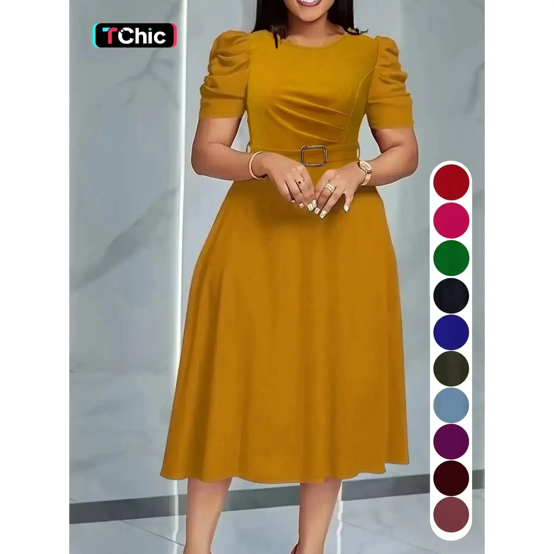 Summer Camel Bubble Sleeve Midi Dress, Slim-Fitting A-Line with Waist Belt, Elegant Chic Everyday Office Wear, Perfect for Church Weddings..
