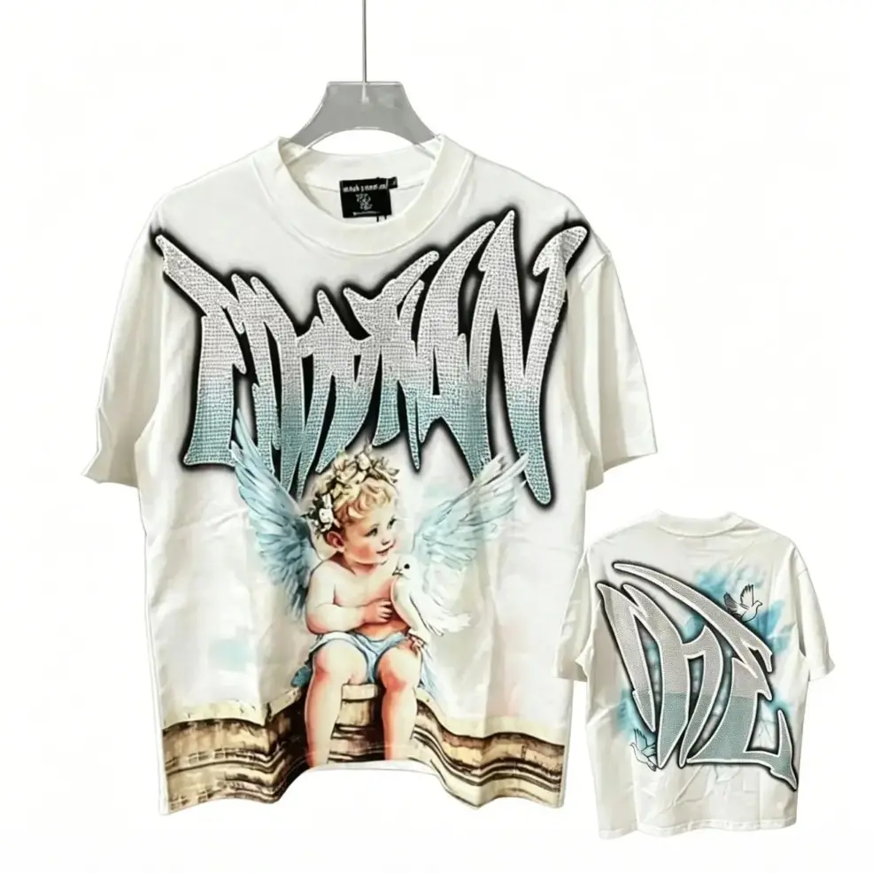 Mixed Emotion Diamond Angel Print Graphic T-Shirt Oversized Heavyweight Rhinestone Gothic Grunge Y2K Streetwear Hip Hop Crewneck Summer Men Unisex Trendy Top