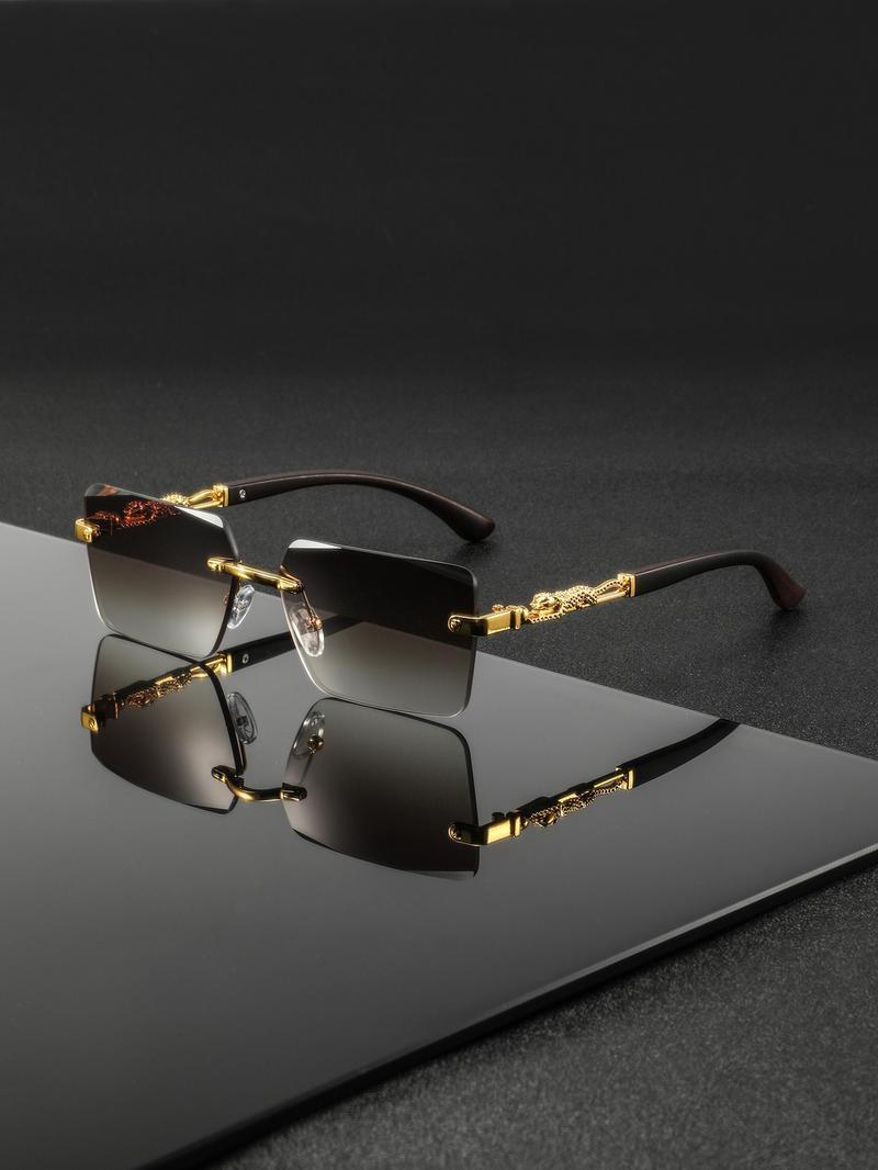 Men's Metal Square Frameless Retro Casual Glasses, High-End Elegant Versatile Design, Stylish Eyewear for Everyday Wear Classic Shades Tortoiseshell Sunglasses