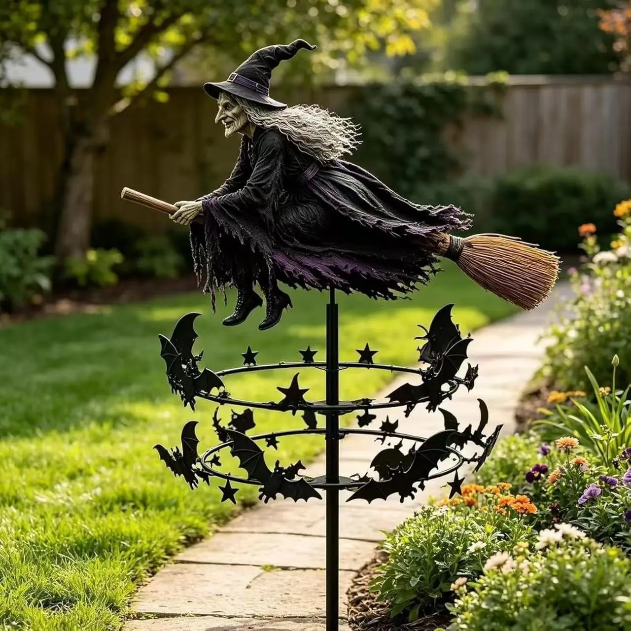 Iron Witch Broom Wind Vane, Outdoor Decorative Weather Indicator, Halloween New Year Garden Fence Home Decoration, Festive Multi-Event Ornament
