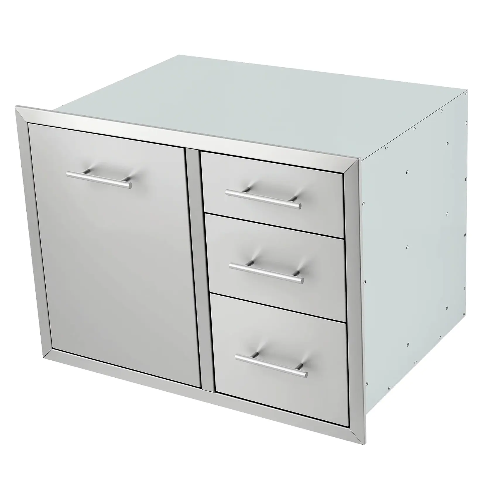 30" Stainless Steel Outdoor Kitchen Cabinet, 3 Drawers & 1 Door, Weatherproof BBQ Grill Island Storage, 29x20x21 Inch, Silver