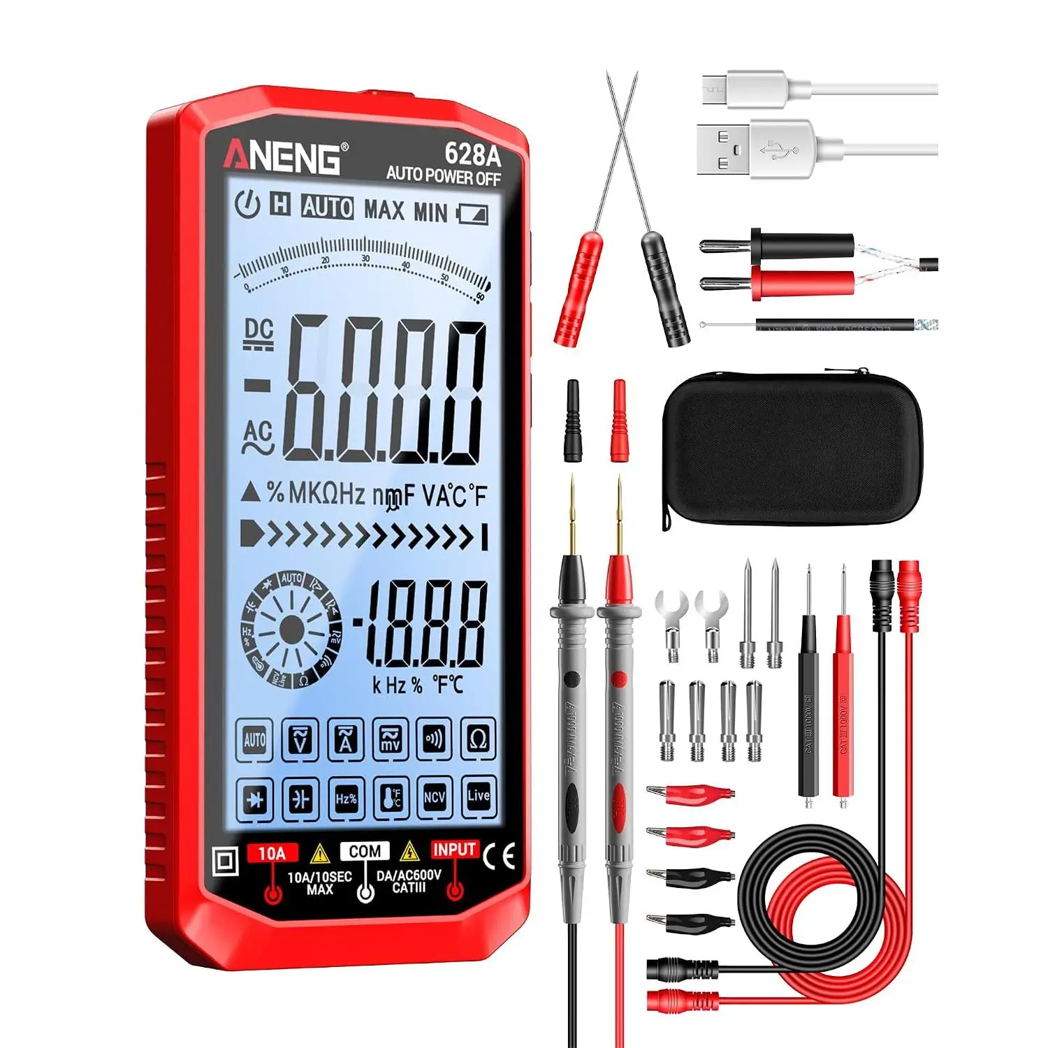 Multimeter,TRMS 6000 Count Rechargeable Digital Voltmeter Tester | Measures  ,Current,Resistance,Capacitance,Temperature,Hz,NCV,Diode,Continuity Auto Ranging Electircal Tools(Red)
