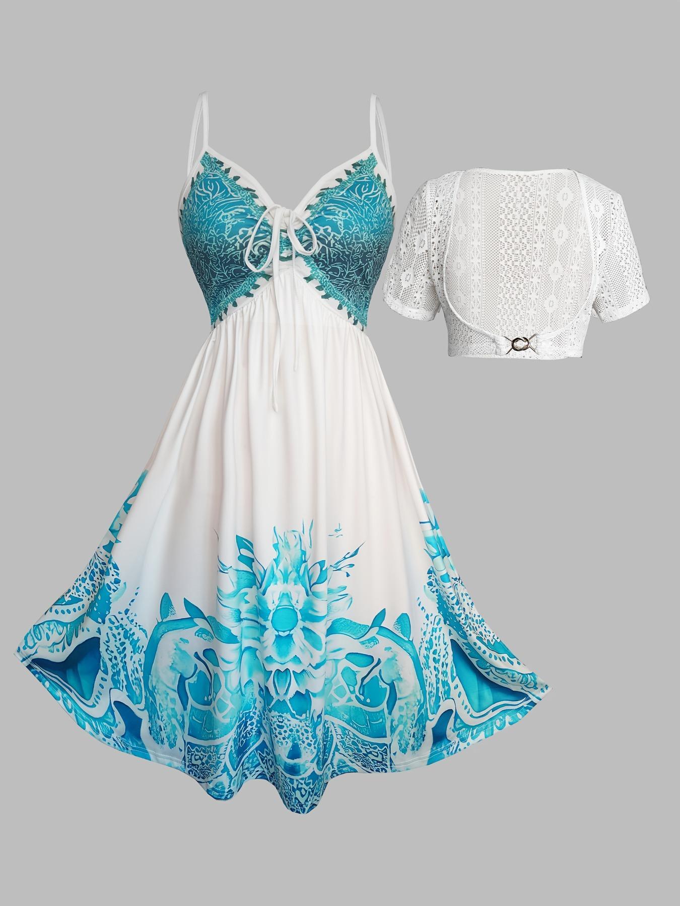 Women's Colorblock Print Cami Dress & Top Two-piece Set, Boho Sleeveless Dress & Crop Top for Beach Holiday Vacation, Ladies Summer Clothes, Bohemian Spaghetti Strap Womenswear, Casual Loose Dress, Casual Boho Style