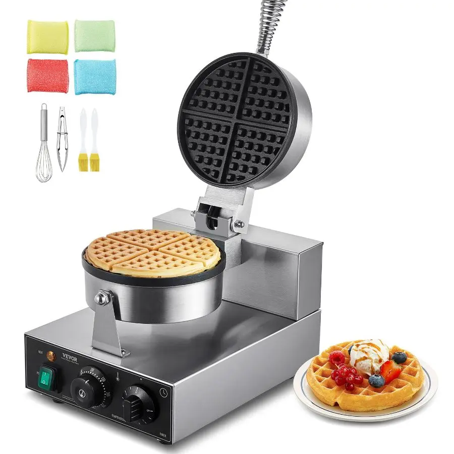 VEVOR Commercial Waffle Maker, 1230W Round Waffle Baker Machine, Non-Stick Stainless Steel Belgian Waffle Iron with Temperature and Time Control, Handle, for Restaurant Bakery Snack Bar Familydealsforyoudays