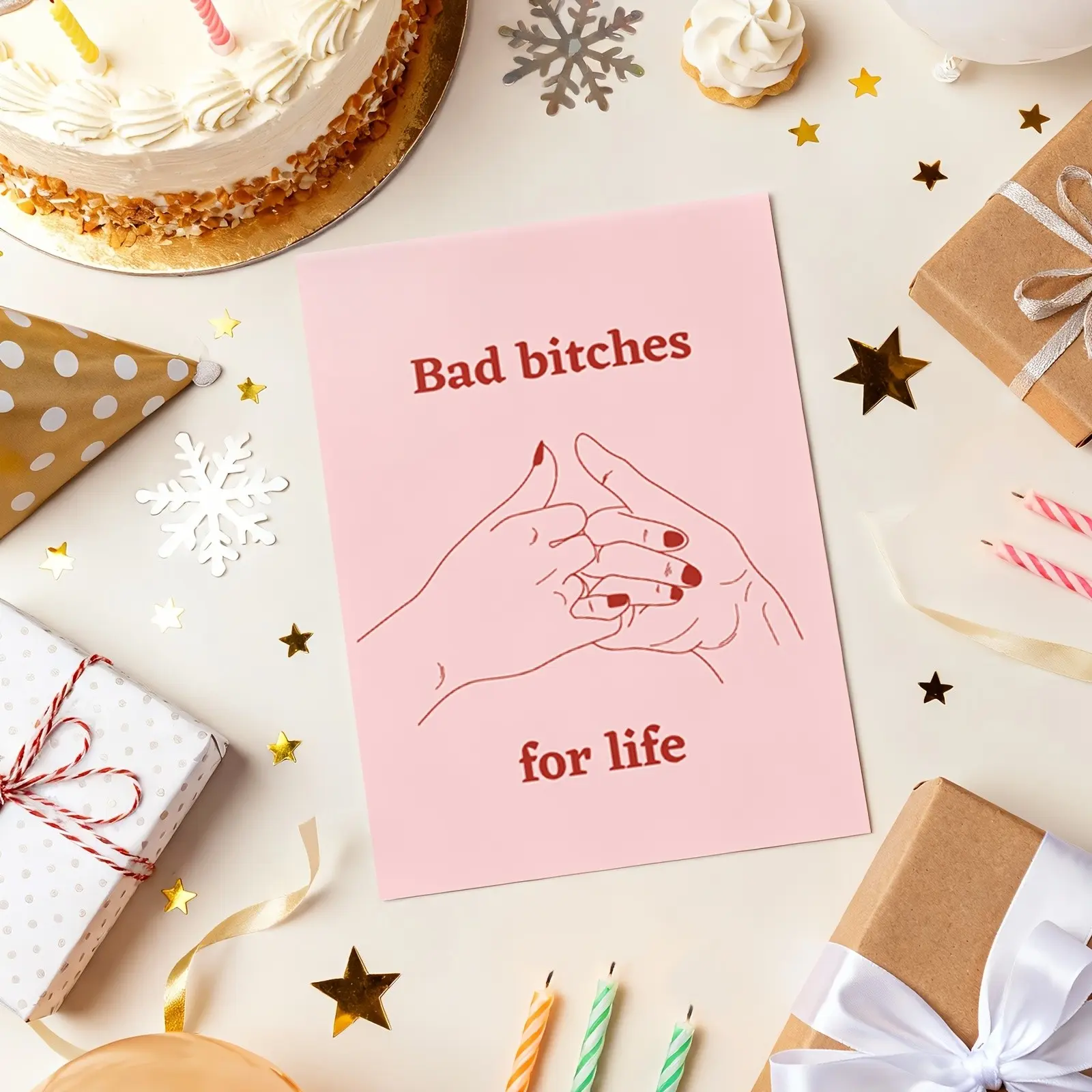 1 Count Pink Bad Bitches For Life Best Friend Card, 5×7 Inch Funny BFF Friendship Greeting Card With White Envelope, Pinky Promise Hand Gesture Design, Humor Birthday Gift Card For Besties Girls