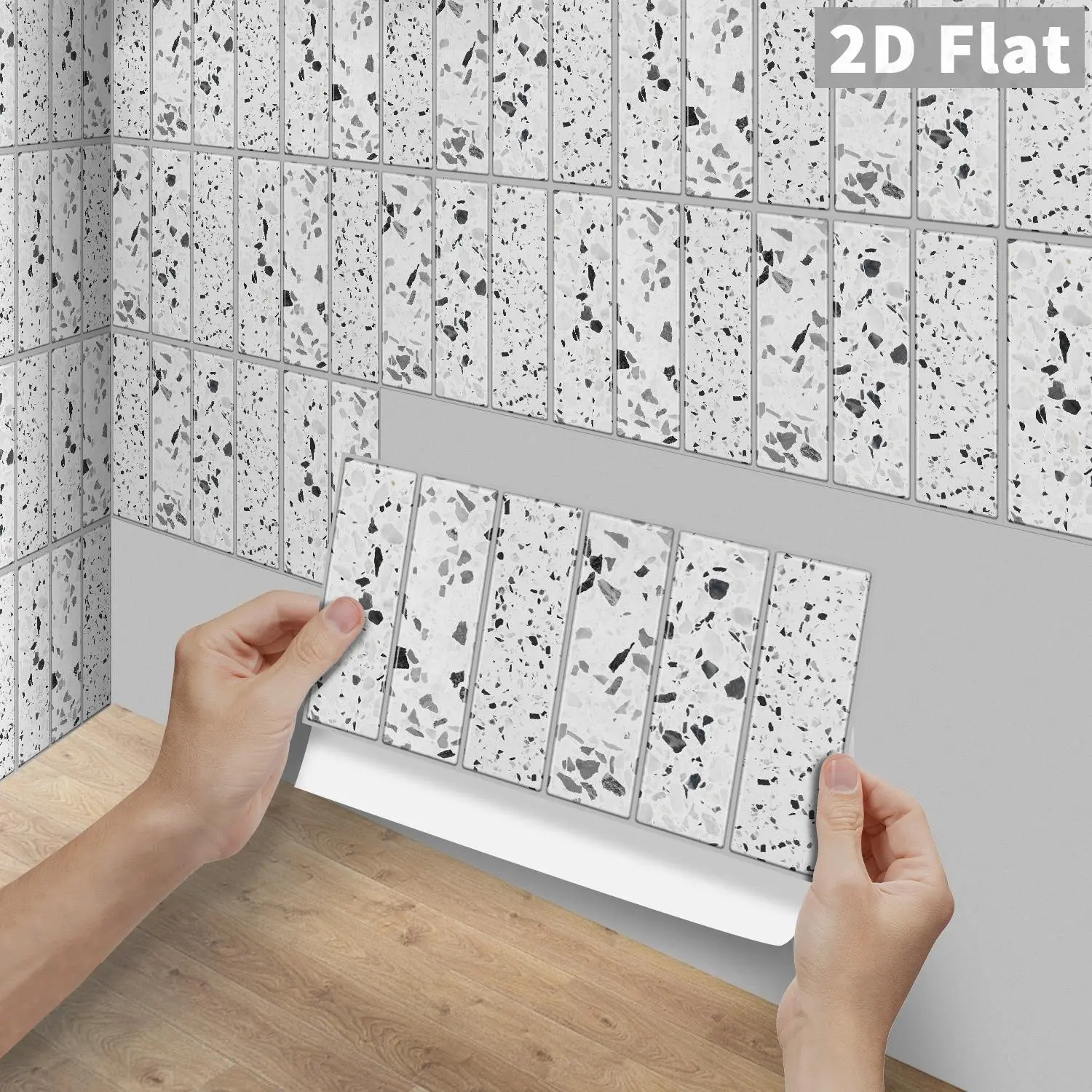 6/12/24/48PCS FG Tile Stickers, PVC Crystal Film, White Terrazzo Long Strip Decals. Peel and stick, waterproof & oilproof, great for kitchen, bathroom, tile and wood surfaces DIY home decor.