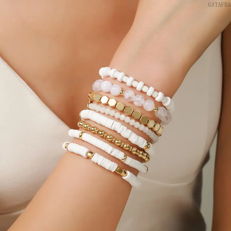 Women's Minimalist Polymer Clay Stackable Beaded Bracelet Set - Female Dainty Look Wrist Jewelry, Graduation Gift for Friends (Sports & Outdoor Accessory)