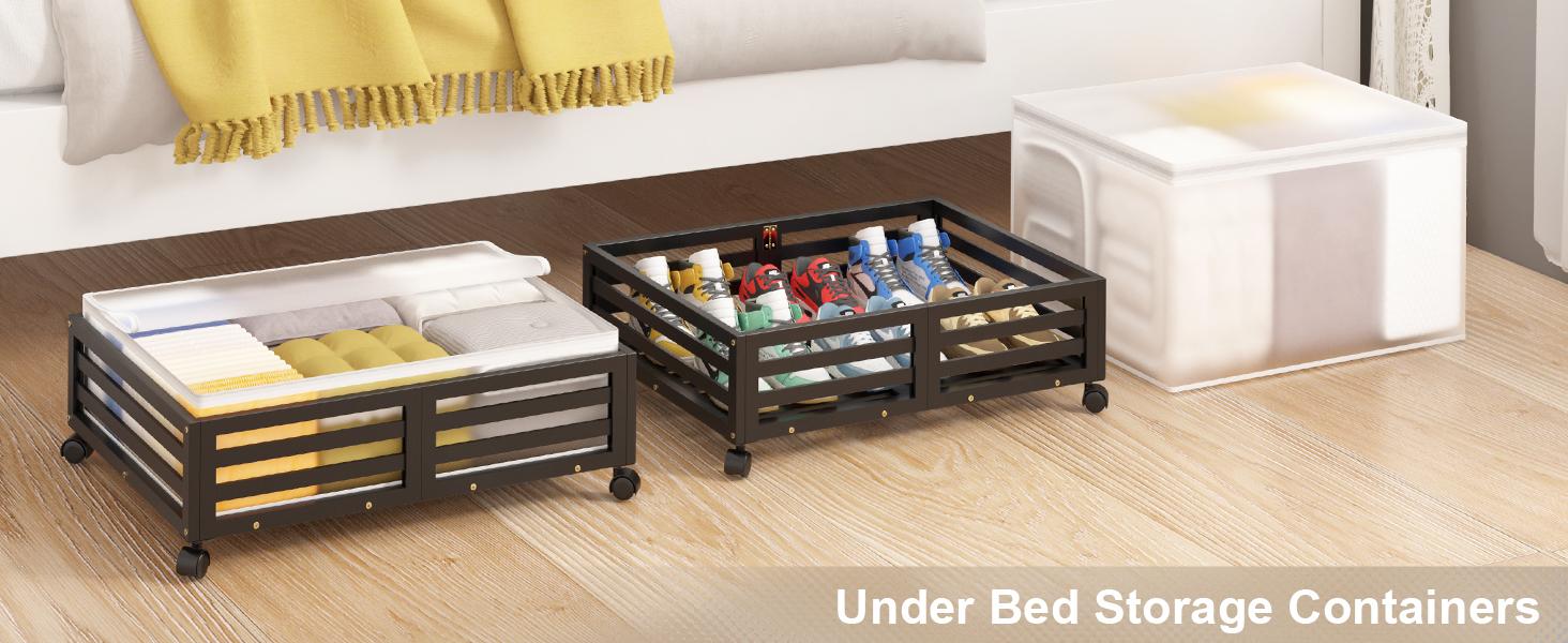 Bed with Wheels-Large Bamboo Underbed Containers with Large Dust Bag Stackable the Bed Shoe Bins for Clothes Books Bedding (2 Packs Black, 23.62"L*16.54"W* 6.51"H)