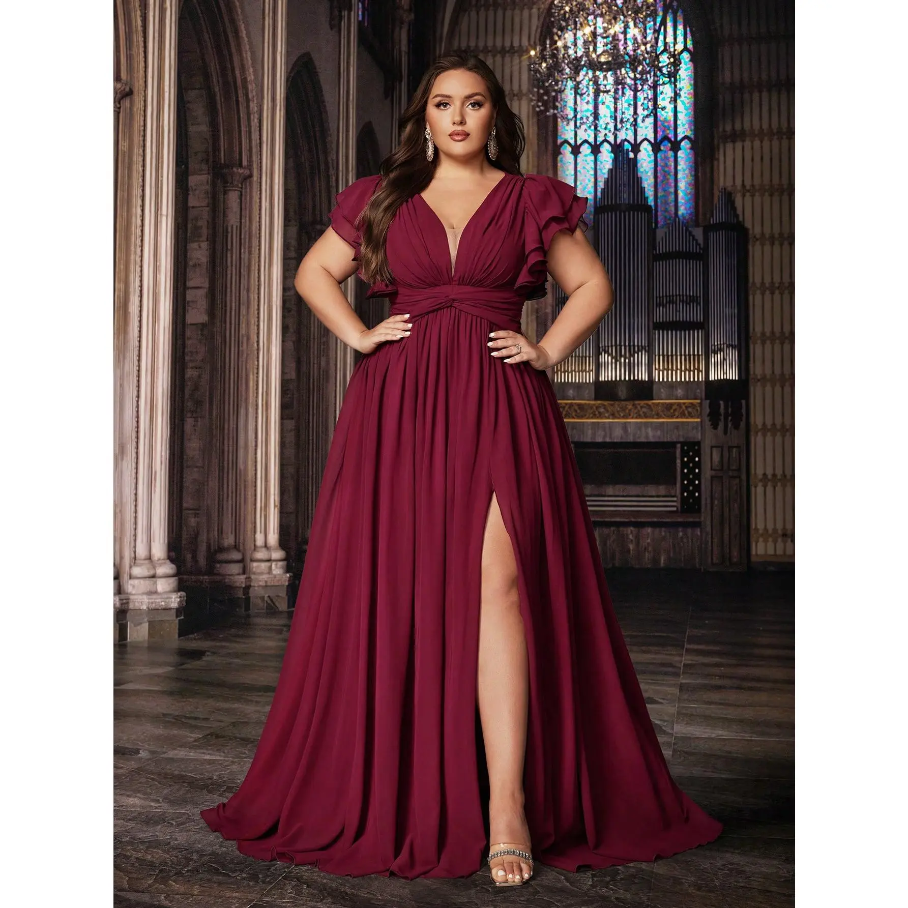 Romantic Solid Color Plus Size Women Formal Dress Bridesmaid Evening Dresses Suitable Wedding,Birthday Party, Formal Events V-Neck Flounce Sleeve Gown