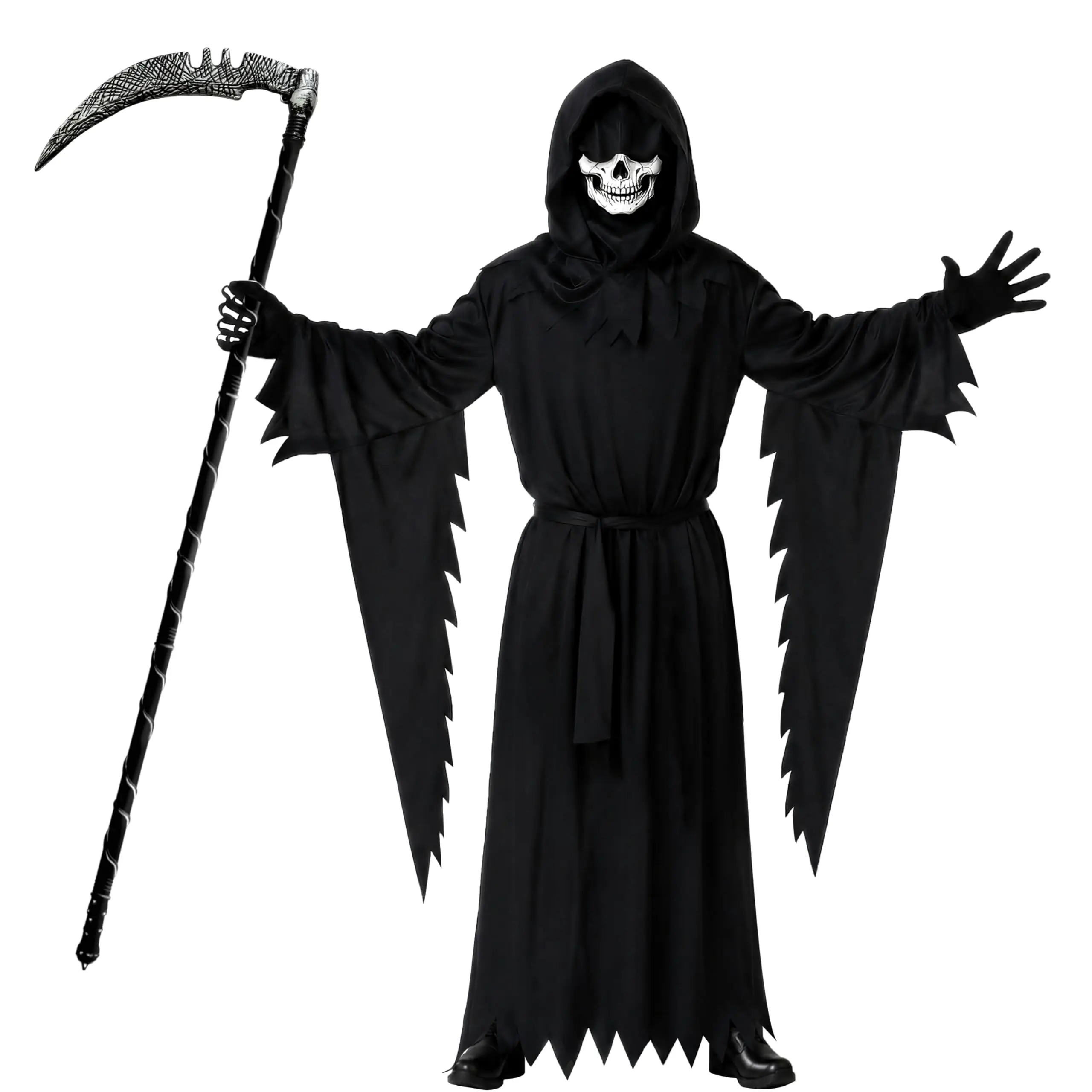 Grim Reaper Costume Set Halloween Hooded Scary Outfit Ghost Cosplay Robe Unisex | Set with Skull Mask Faceless Hood & Scythe & Gloves | Lightweight Breathable Stretchy | Easy to Wear (59″)