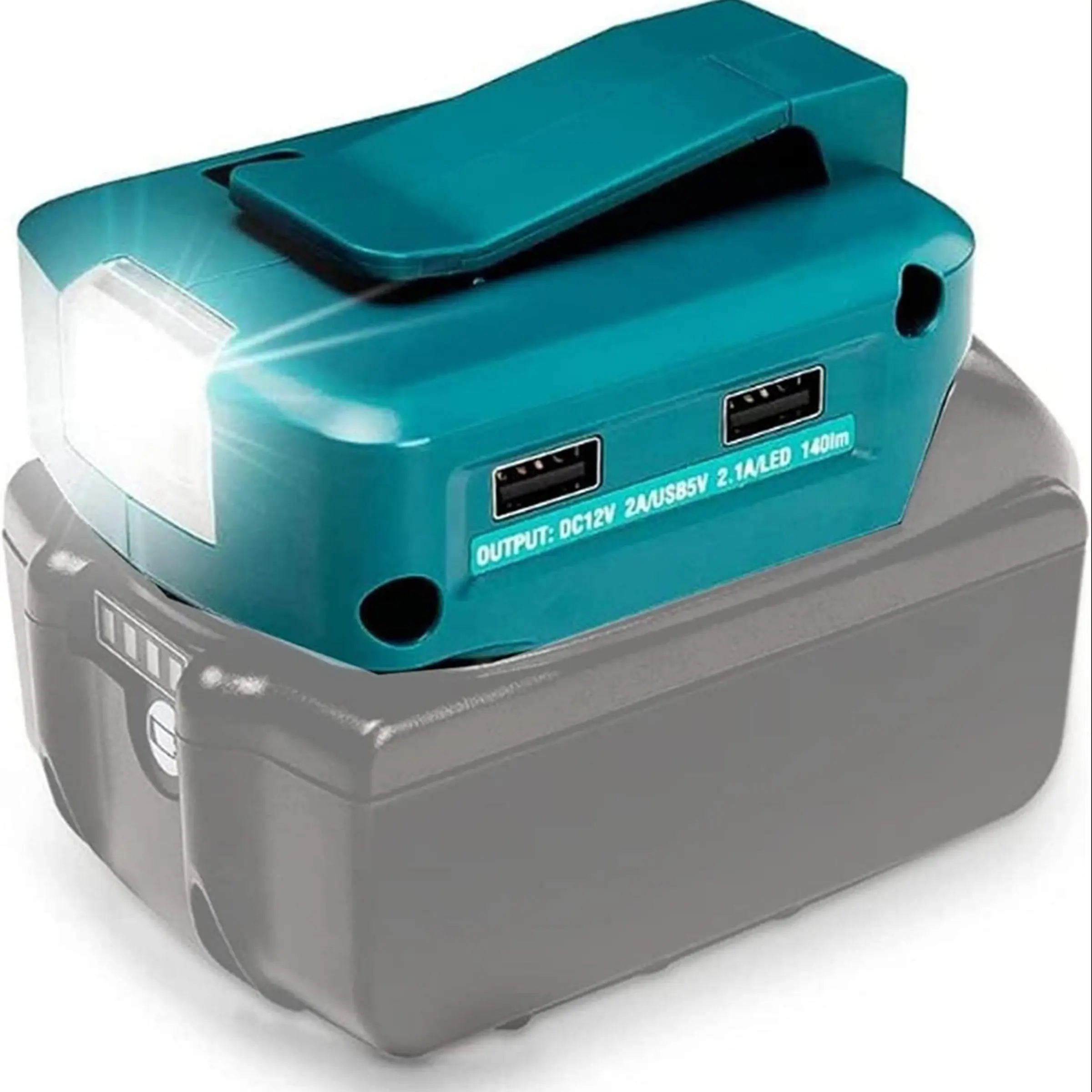 Multi-function ADP05 Power Adapter Compatible With Makita 14.4V & 18V LXT Lithium-ion Batteries Converts Your Power Tool Battery into Portable Outdoor Power Station.Dual USB Charging Ports, 12V DC Output, 3W Bright LED Work Light, Integrated Belt Clip