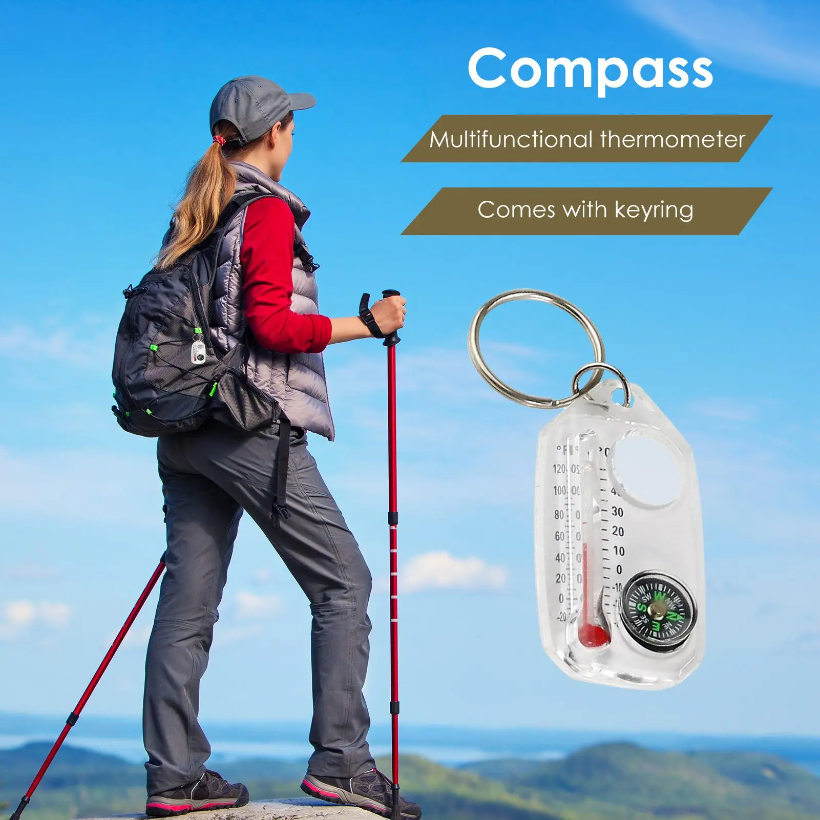 Mini Compact ABS Plastic Pocket Survival Compass Keychain Charm - Navigation Aid, Night Visible, -20°C to 48.9°C Thermometer, Phone Strap Accessory for Outdoor Camping, Climbing
