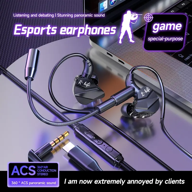 New Wired Gaming Headphones, 3.5mm and Type-C Jacks, Digital Chip, In-Ear Gaming Premium Earbuds, High-Fidelity Stereo Bass, Mic Volume Control