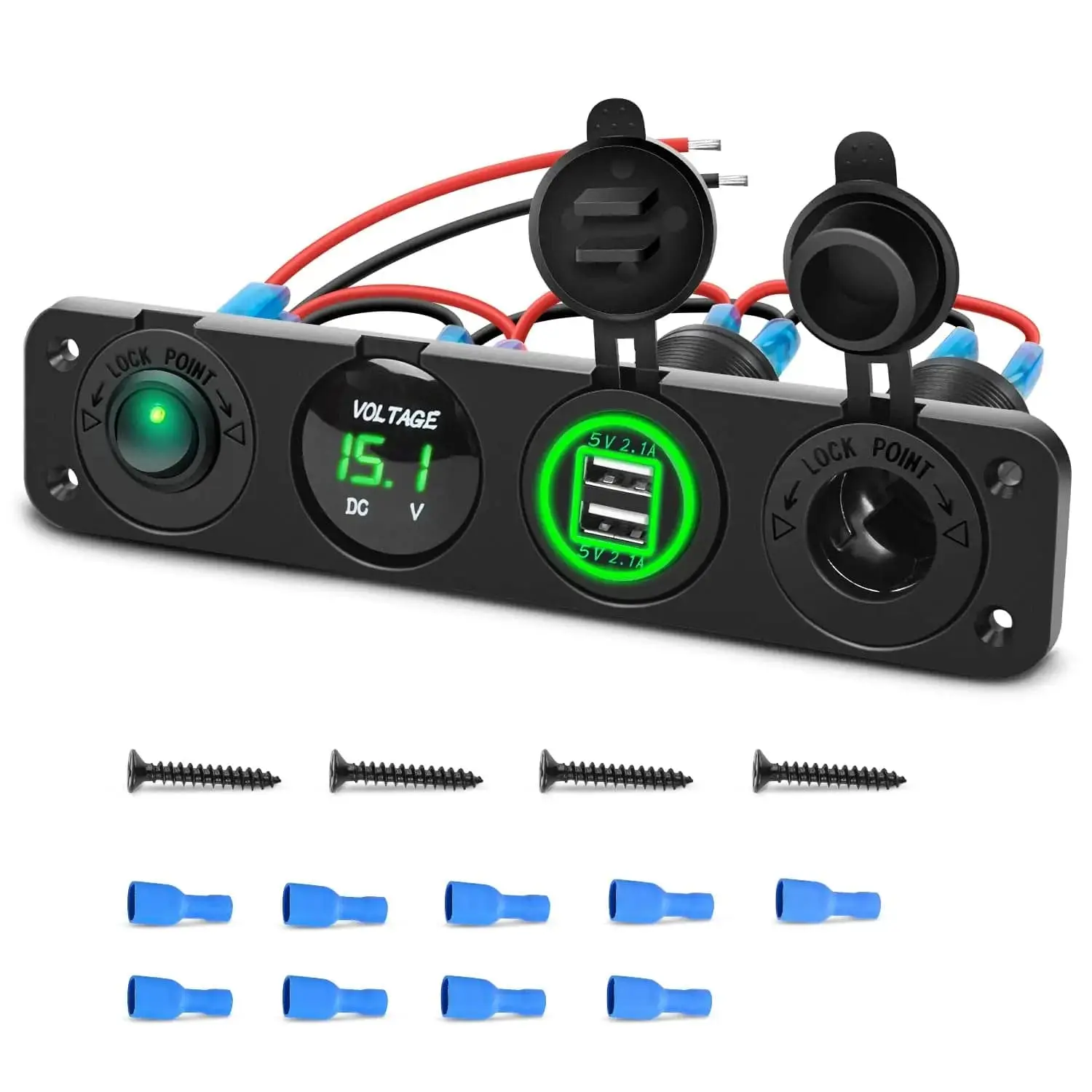 Nilight 4-in-1 Car-Mounted Charger Socket Panel, Green with ON/OFF Switch, Dual USB Ports, and Voltmeter Power Outlet, Car-Mounted Chargers