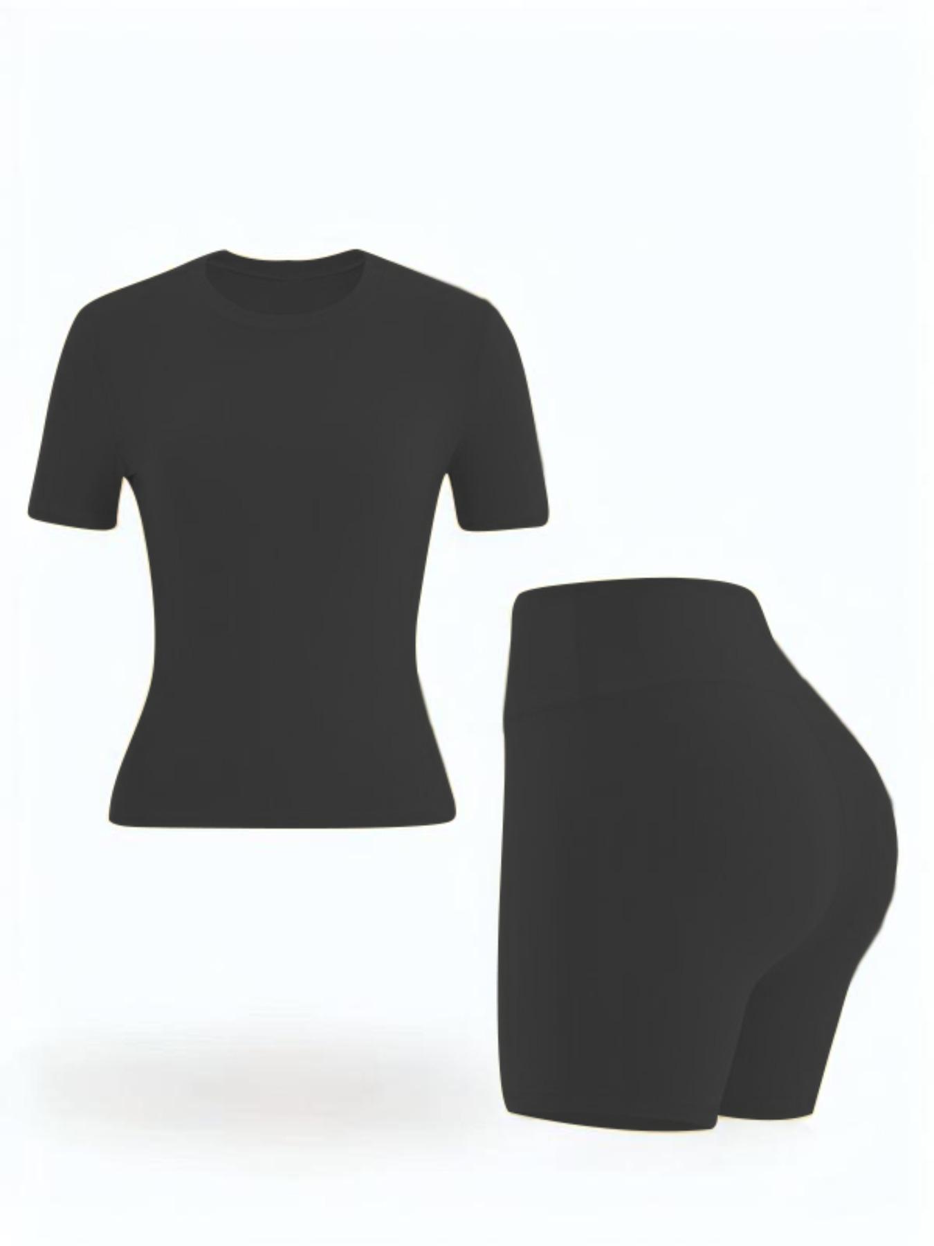 Two-Piece Set Women's Solid Round Neck Tee & High Waist Biker Shorts Athletic Tracksuit Set, Casual Short Sleeve T-shirt & Skinny Shorts, High Stretch Activewear, Ladies Sportswear Yoga Outfit Set for Indoor Outdoor Wear Athletic Workout Set