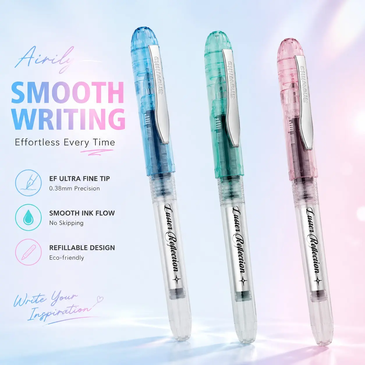 Pastel Transparent Fountain Pen Set, Smooth Ink Flow EF Nib, Lightweight Elegant Writing Pen for Journaling and Study Notes, Modern Minimalist Stationery