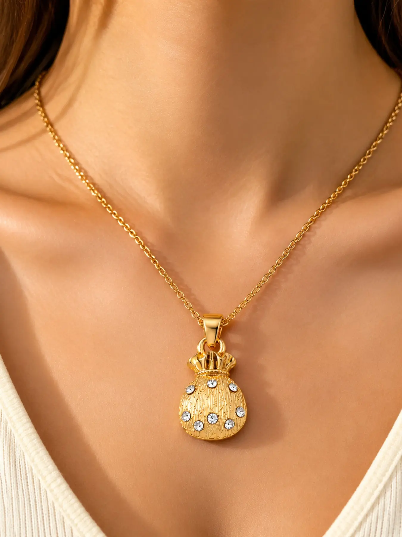 Y2K Lucky Money Bag Pendant Necklace for Women, Adjustable Chain, Rhinestone Aesthetic Jewelry, Hypoallergenic Fashion Necklace