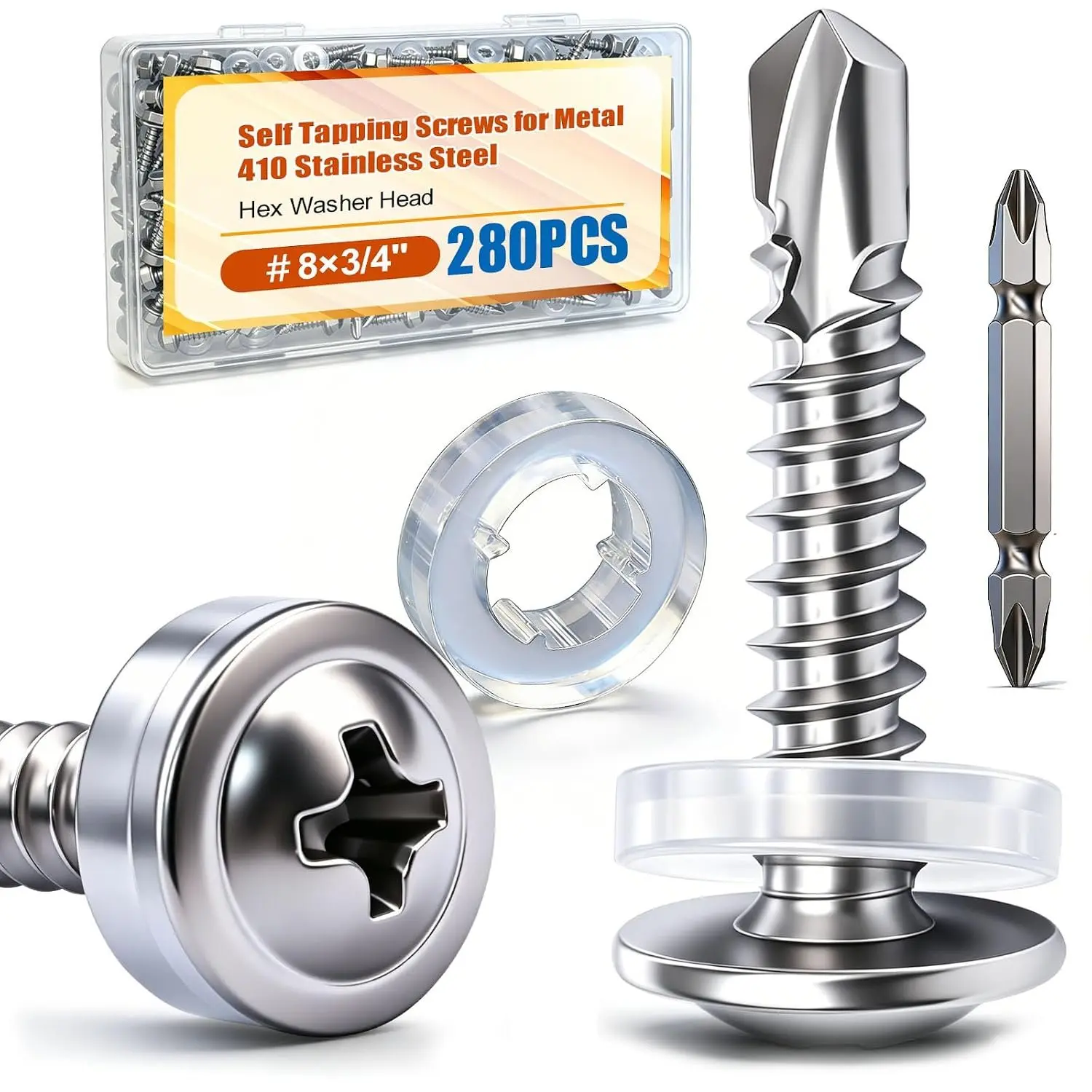 280 count #8×3/4" Self Tapping Screws for Metal, 410 Stainless Steel Metal Screw, Truss  Sheet Metal Screws with Washer,  Bit K-158-W-19mm