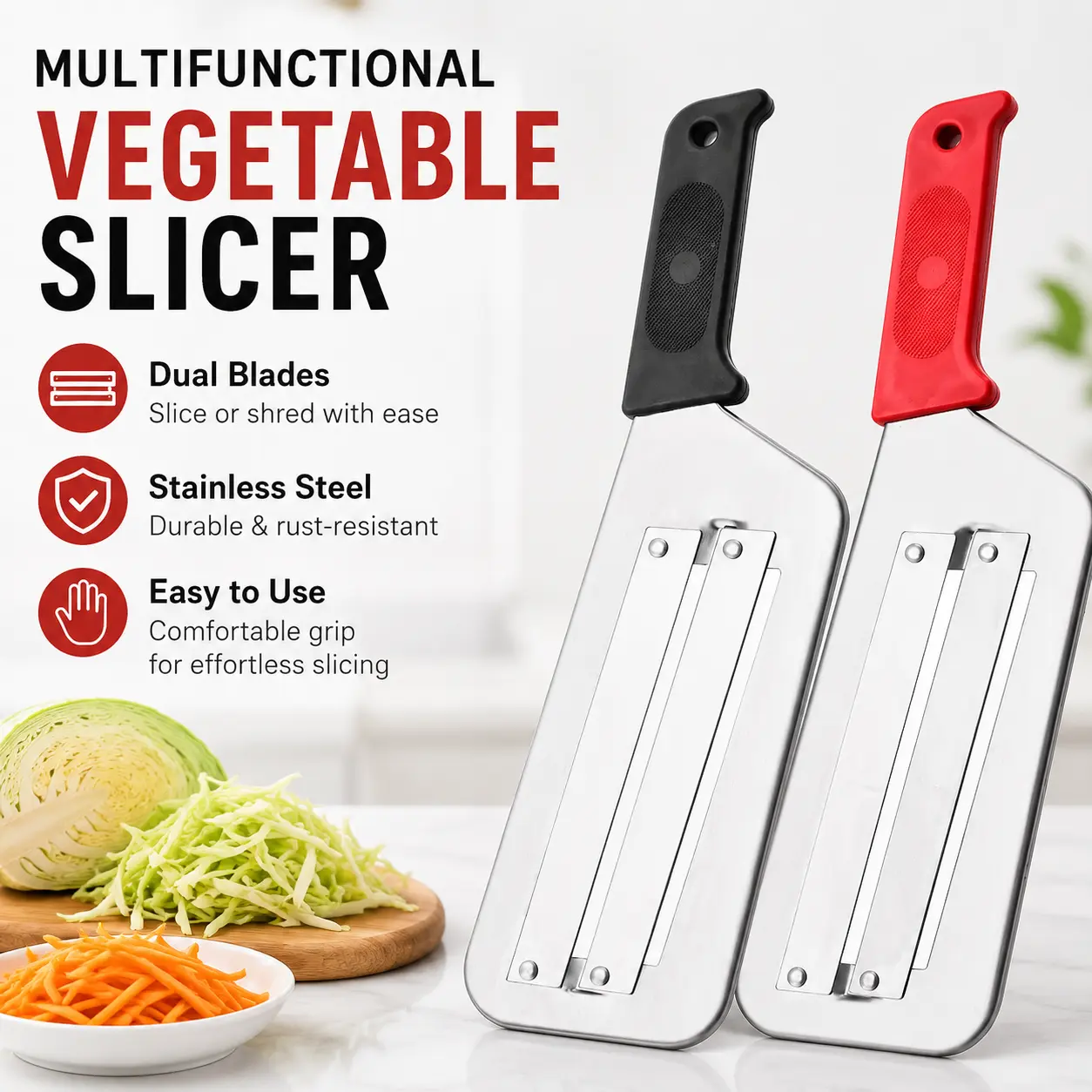 Stainless Steel Cabbage Shredder & Julienne Grater, Double-Layer Sharp Blades, Easy to Clean Vegetable Slicer