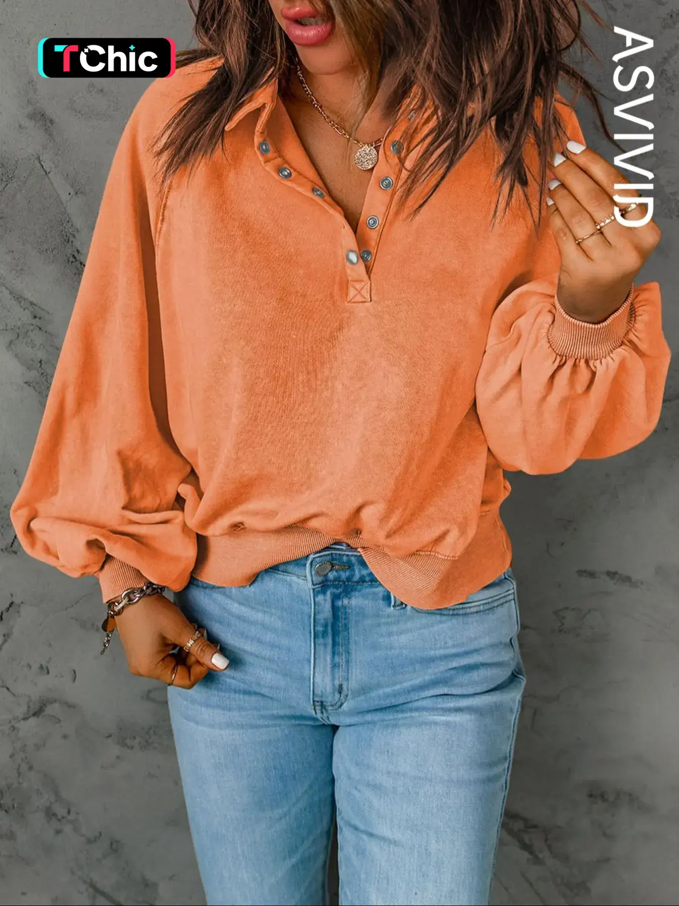 Women's Button Front Lantern Sleeve Heavyweight Streetwear Casual Warm Sweatshirt, Casual Chic Loose Basic Plain Long Sleeve Collared Design Pullover, Ladies' Clothes for Fall & Winter, National Day Clothing, Womenswear, Style, Fit
