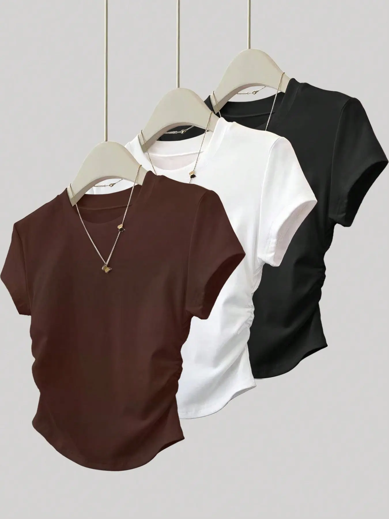 3-Piece Women's Casual Basic Pleated Fitted Short Sleeve T-Shirt Set, Versatile Elegant Design, Perfect for Summer Wear