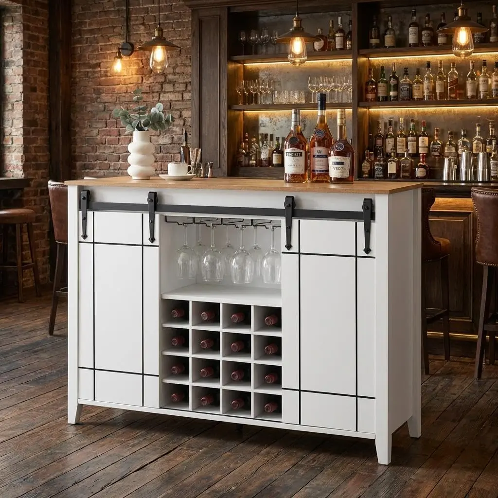 47" Farmhouse Coffee Bar Cabinet with Sliding Barn Door, Buffet Sideboard Equipped with 4 Glass Hooks and 16 Wine Racks, Wood Cabinet Storage with Adjustable Shelves & Metal Frame for Kitchen, Dining Room and Living Room