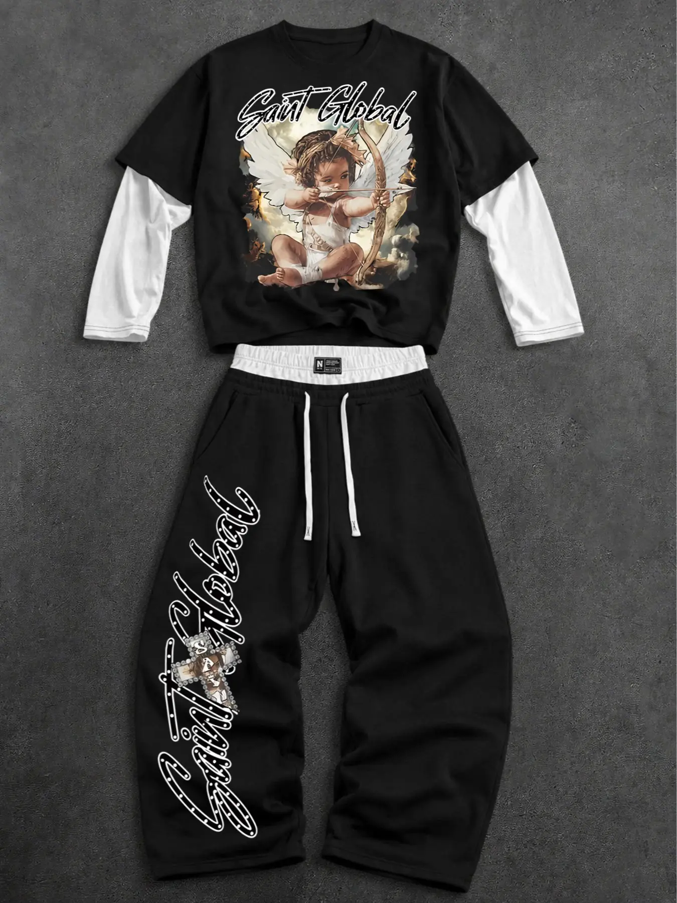 Men Chicano Vintage Cupid Angel 2 Piece Matching Outfit Set Black White Contrast Fake Two Layer Long Sleeve T-shirt Saint Global Rhinestone Cursive Print Wide Leg 3/4 Cropped Capri Sweat Pants White Elastic Waist Drawstring Soft Breathable Oversized Stree