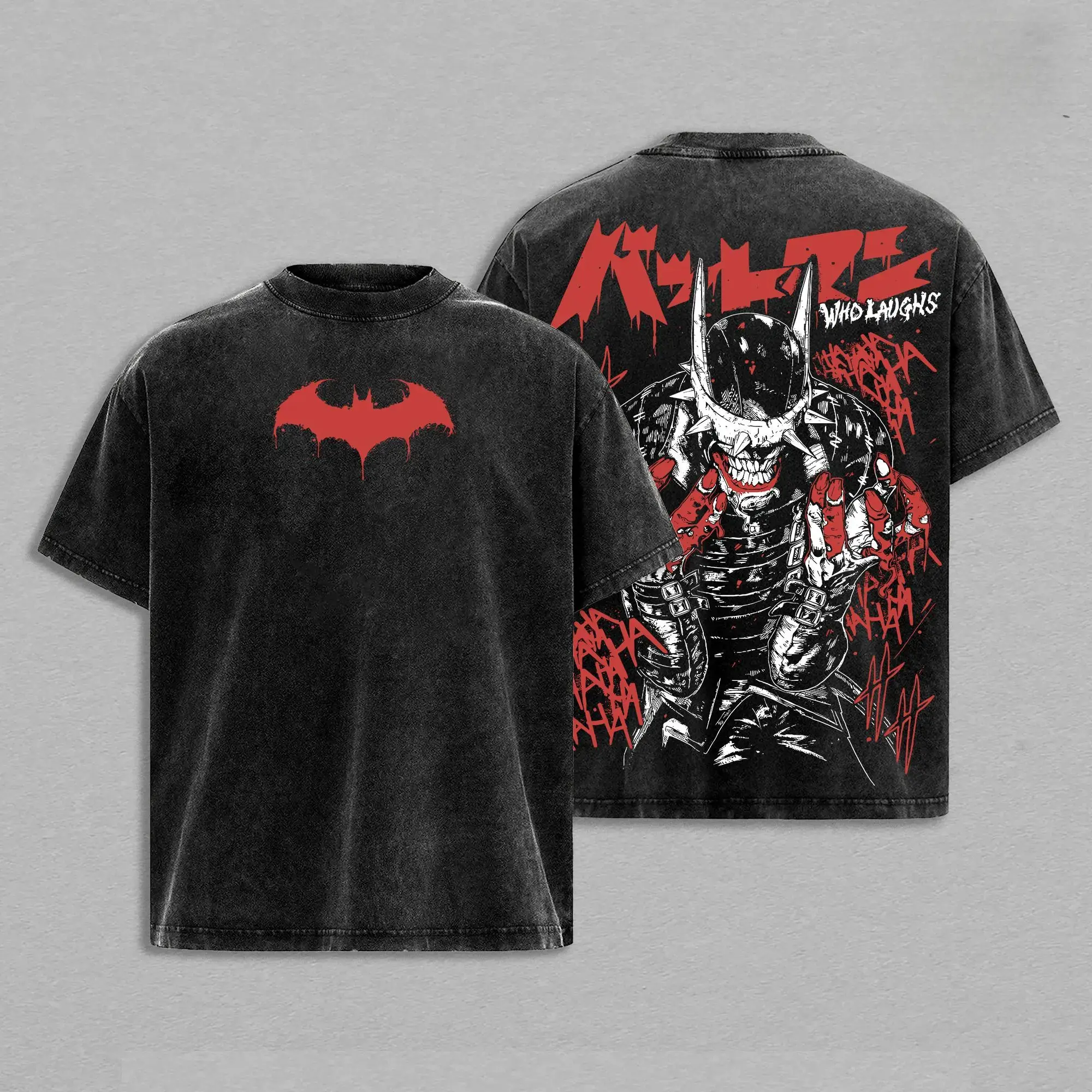 Dual-sided dripping red bat insignia & full spiked helmet laughing bat retro washed cotton , iconic gloomy dark hero street top for long-time gotham comic enthusiasts day graphic humor t-shirt pure distressed tee casual summer