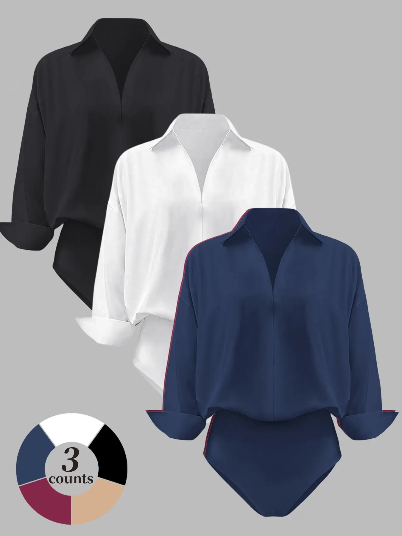 Women's Plain Collared Bodysuit, Casual Comfy V Neck Long Sleeve Blouse Top, Soft Stretchy Shirt Bodysuit for Work & Everyday Wear, Slim Fit Business Casual Office Top, Cuffed Sleeve, Breathable Basic Top, Womenswear