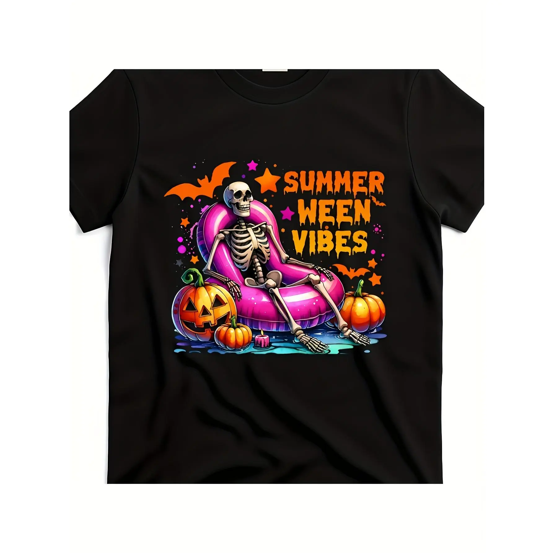 Halloween Summer Ween Vibes Skeleton Float Graphic T-Shirt - Soft, Breathable, Lightweight - Crew Neck, Regular Fit - Machine Washable, Comfortable  - Unisex Casual Tee for Adults, Halloween T Shirt