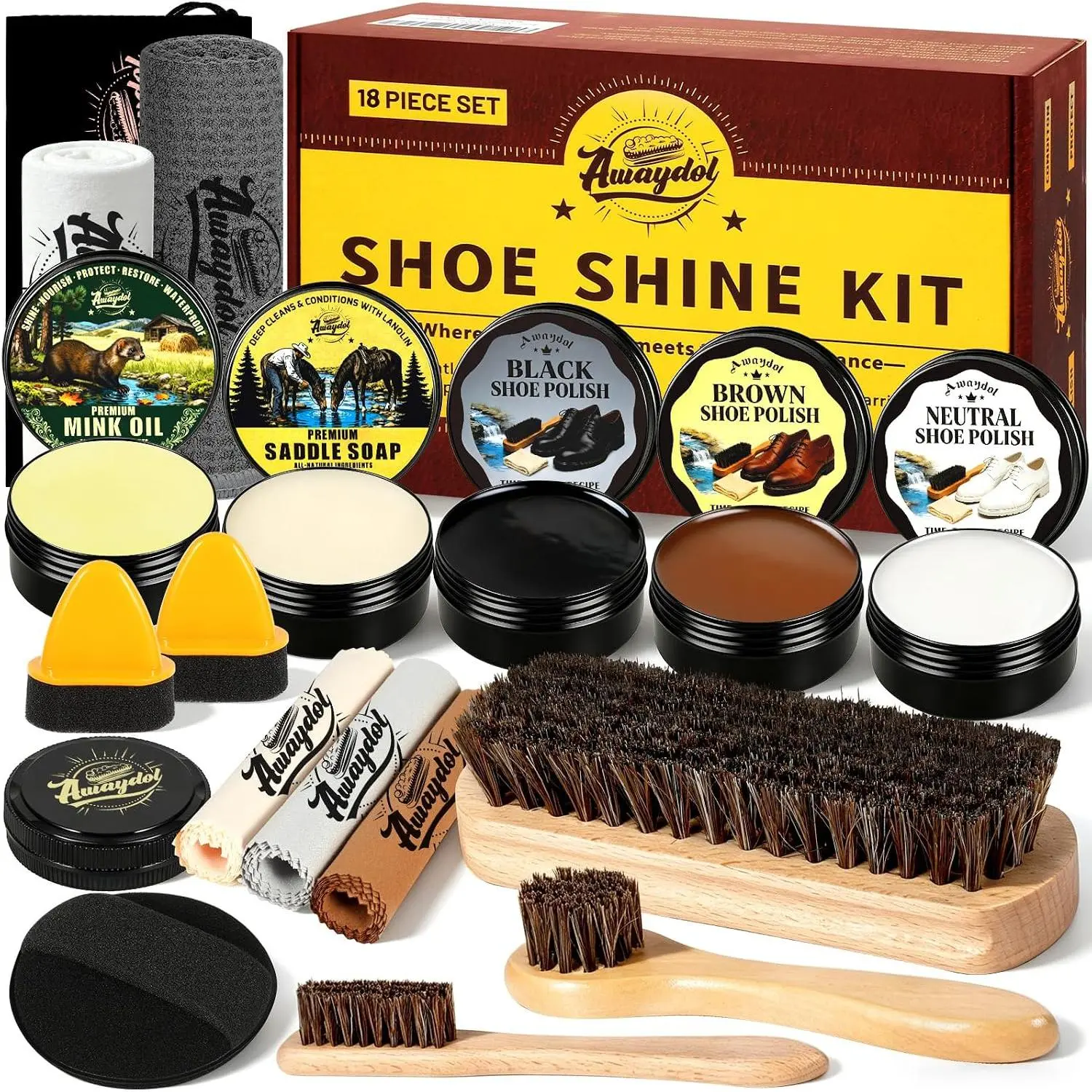 Shoe Shine Kit –16-in-1 Leather Shoe Polish Kit with Saddle Soap,Mink Oil,Black/Brown/Neutral Shoe Polish,Horsehair Brushes,Leather Boot Polish,Cleaning & Conditioning–Gift for Men & Women & Cowboy