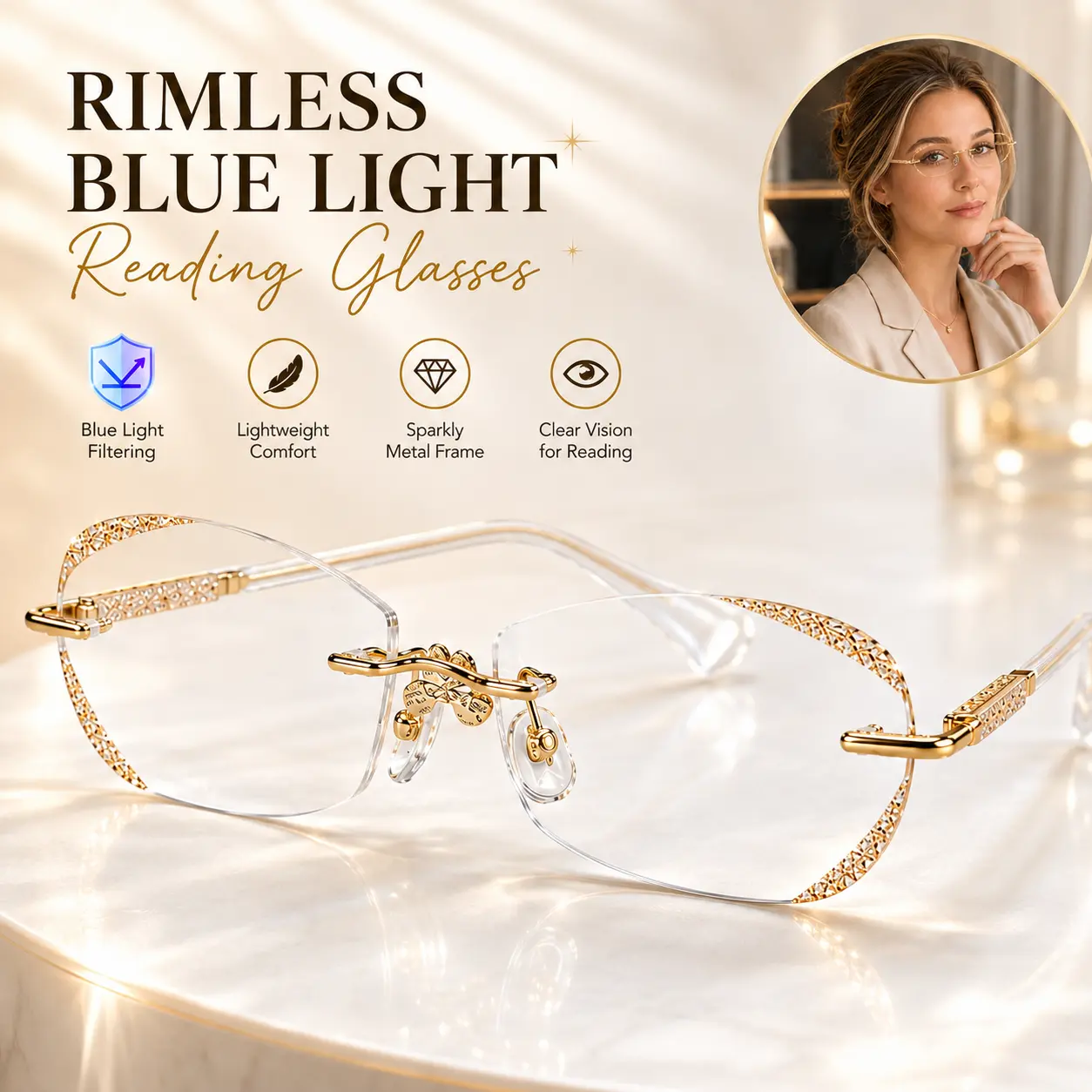 Womens Rimless Reading Glasses +1.00, Fixed Strength Blue Light Readers with Sparkly Lightweight Metal Frame, Diamond-Cut Clear Lens Glasses for Office, Reading & Screen Time sunglass