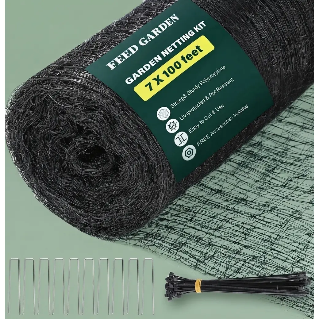 HUOMAQFAN Heavy-Duty Polypropylene Deer Fence Netting, 7x100 ft Outdoor UV-Resistant Garden Netting with 3/4" Fine Mesh - Pest & Plant Barrier, Includes 10 Stakes & 50 Zip Ties for Easy Setup