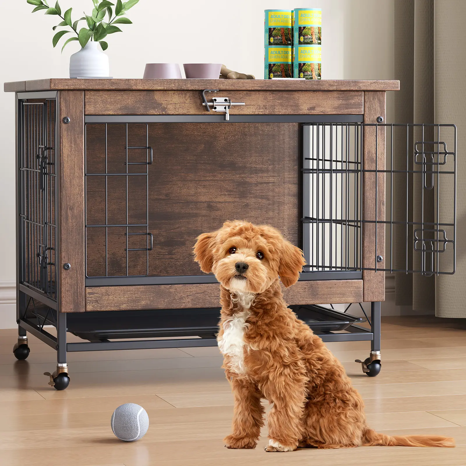 Heavy Duty Wooden Dog Crate Furniture - Rustic Brown Indoor Kennel Cage with Carbon Steel Frame, 2 Doors & Wheels, Anti-Chew End Table Design for Small Dogs