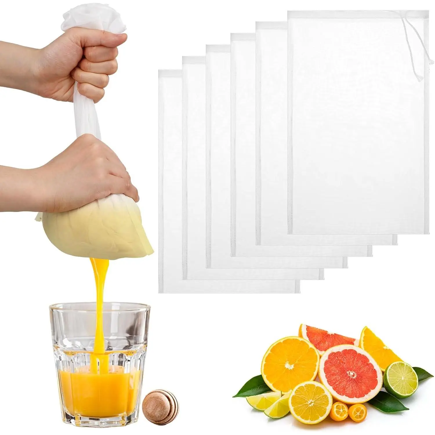 6 Pack Nut Bag Strainer 7.87 × 5.9 Inch Nut Milk Bag Reusable Nylon Mesh Bags 200 Mesh Fine Meshes Drawstring Bags for Straining Fruit Juice Coffee Tea Yogurt Cheese Coffee Almond