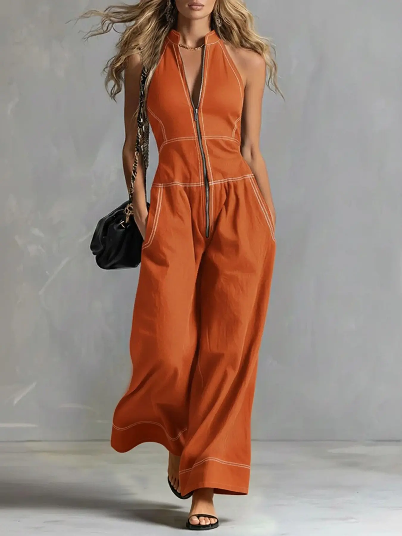 Women's Loose Solid Color Stand Collar Sleeveless Zipper Jumpsuit, Casual Commuter Jumpsuit, Comfortable and Stylish One-Piece for Daily Wear, Casual Comfy Jumpsuit