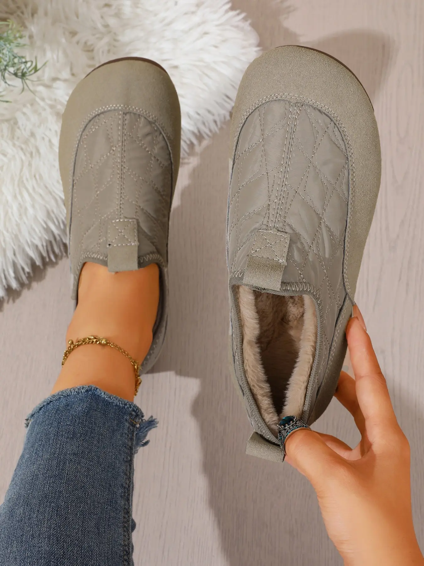 Women's Plaid Patchwork Slip-On Cotton Shoes, Fall Winter Soft Sole Anti-Slip Lazy Person Shoes, Casual Warm Flat Home Outdoor Beanies Casual Slip Ons