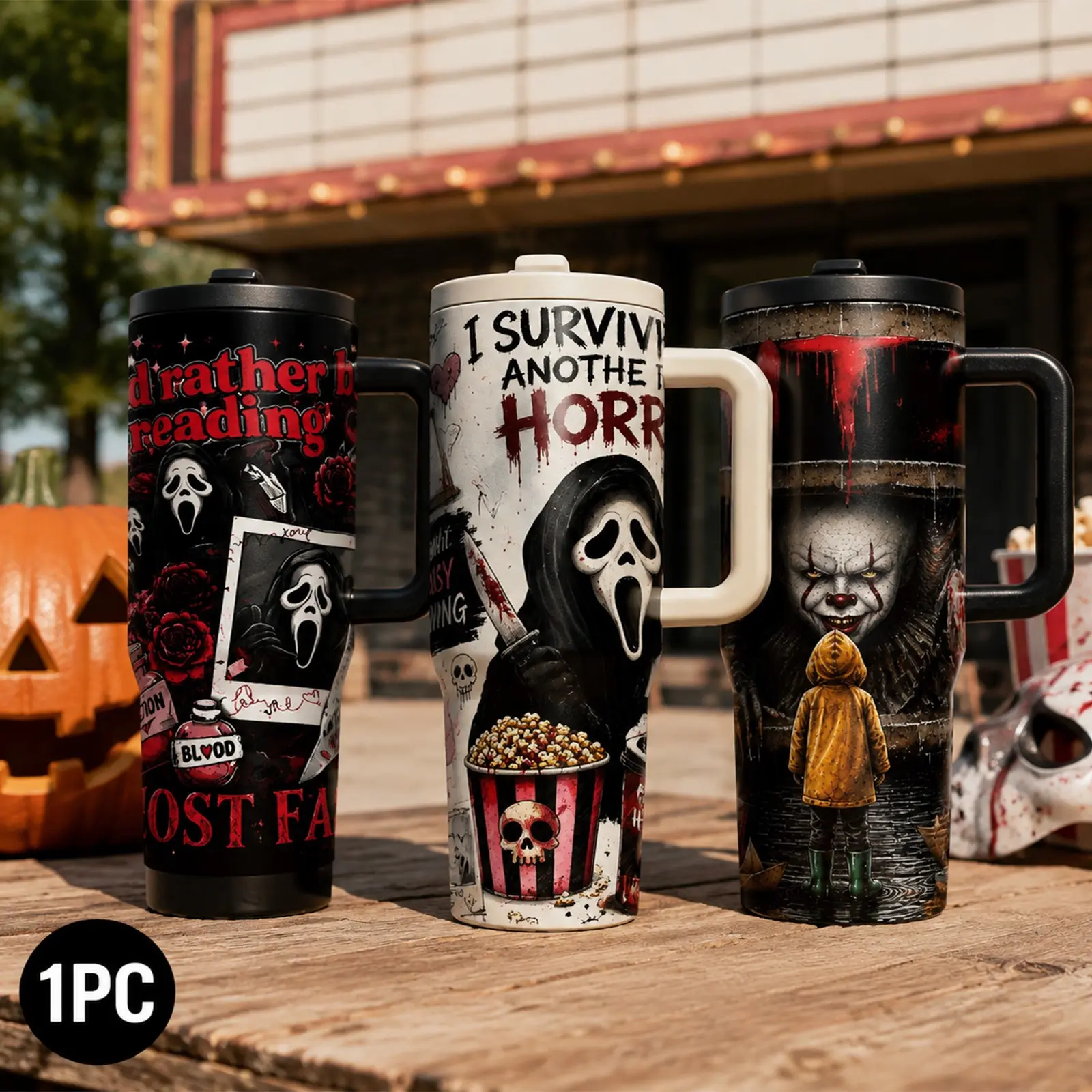 1PC 40oz Halloween Insulated Tumbler with Handle, Horror Movie Theme Stainless Steel Travel Cup, Double Wall Vacuum Water Bottle, Leak Proof Coffee Cup, Cup Holder Friendly, Reusable Iced Coffee Mug for Daily Drink, School, Gift for Halloween Lovers
