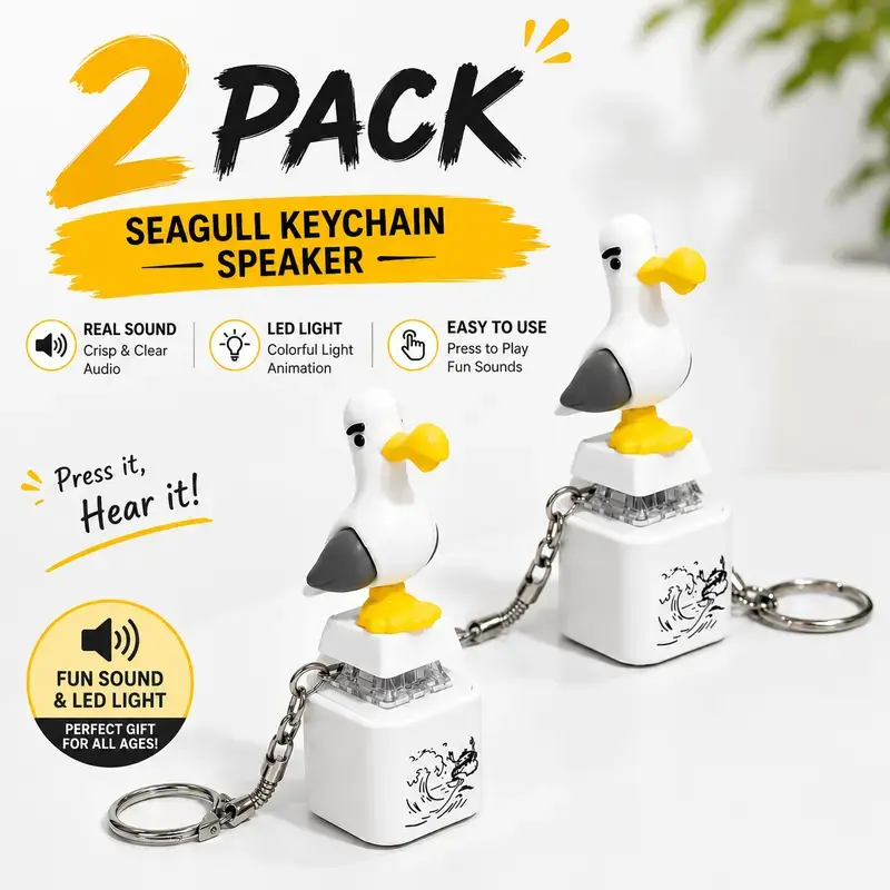2PCS Seagull Mine!! Sound Keychain, Built-in Real Voice Sound & Glowing LED Light, Portable Interactive Novelty Prank  Accessories for Bag/Keys, Fun Birthday Holiday Gag Present for Adults Teens Friends Family
