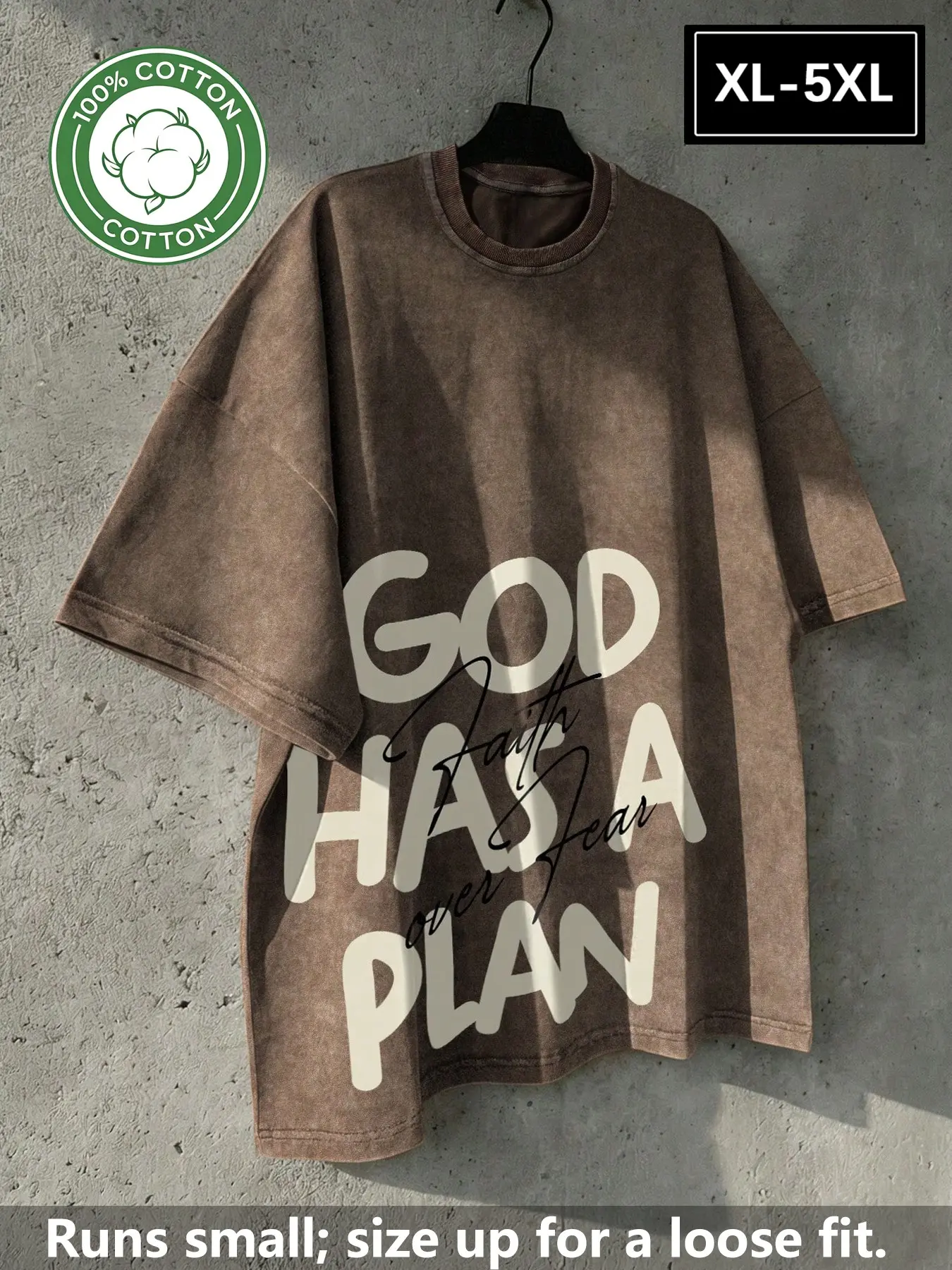 Plus Size Men's Grey Vintage Stone Washed 100% Cotton T-Shirt XL-5XL, Oversized Drop Shoulder "God Has A Plan" Faith Letter Print Graphic Tee, Soft Breathable Retro Streetwear Short Sleeve Top for Urban Street Style & Summer Daily Outfits