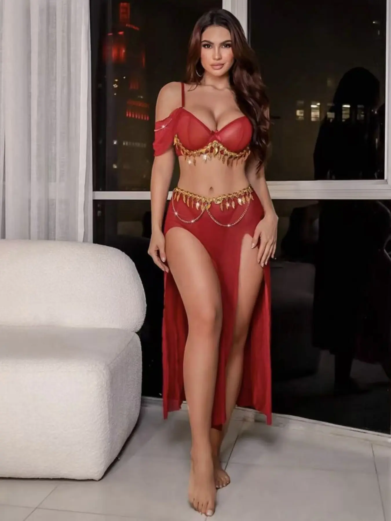 1 Set Women's Red Off-Shoulder Split Maxi Dress Two-Piece Lingerie Set with Gold Tassels, Exotic Style Outfit, Ideal for Parties, Valentine's Day, Honeymoons, Boudoir Shoots & Halloween