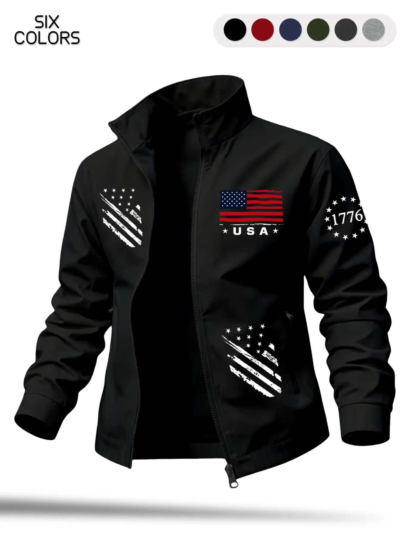 Men's American Flag Stand Collar Long Sleeve Jacket, Vintage Washed Usa Print Coat, Lightweight Windproof High-Quality Smooth Casual Zip-Up Top
