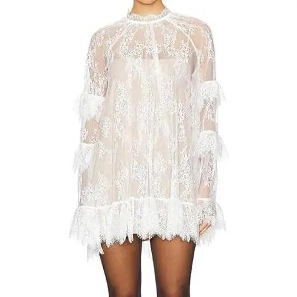 Women's Sheer Lace Mini Dress - Longsleeves, Full Sleeves, Ruffled Layer, Sexy Going Out Cover Up