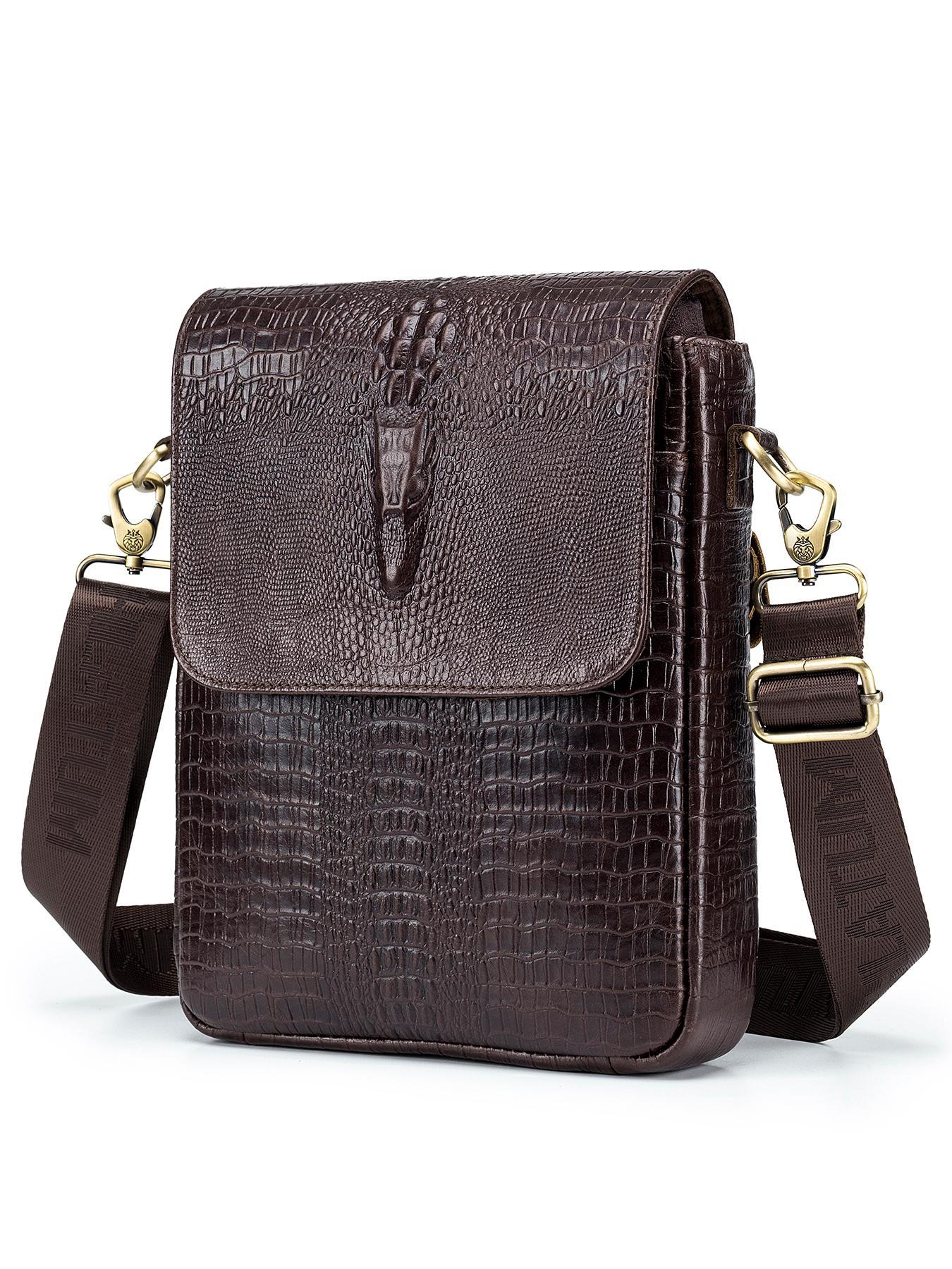 Men's Business Crocodile Embossed Crossbody Bag, Vintage Cowhide Shoulder Bag for Daily Used, Casual Trendy Versatile High-quality Daily Commuting Bag