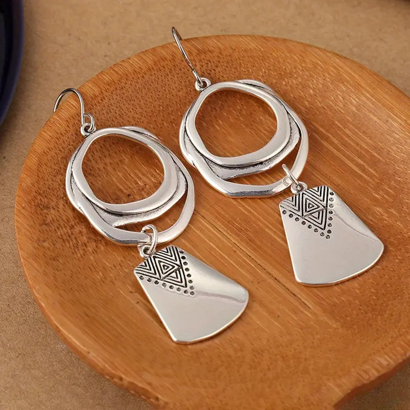 Vintage Bohemian Geometric Dangle Earrings, Women's Ethnic Totem Long Silver Color Ear Jewelry, Perfect for Daily Wear and Parties, Boho