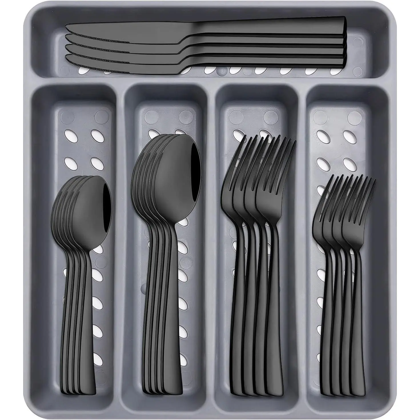 21-Piece Matte Black Silverware Set with Organizer, 18/0 Stainless Steel Flatware Set for 4, Spoon Fork Knife Cutlery SetGift