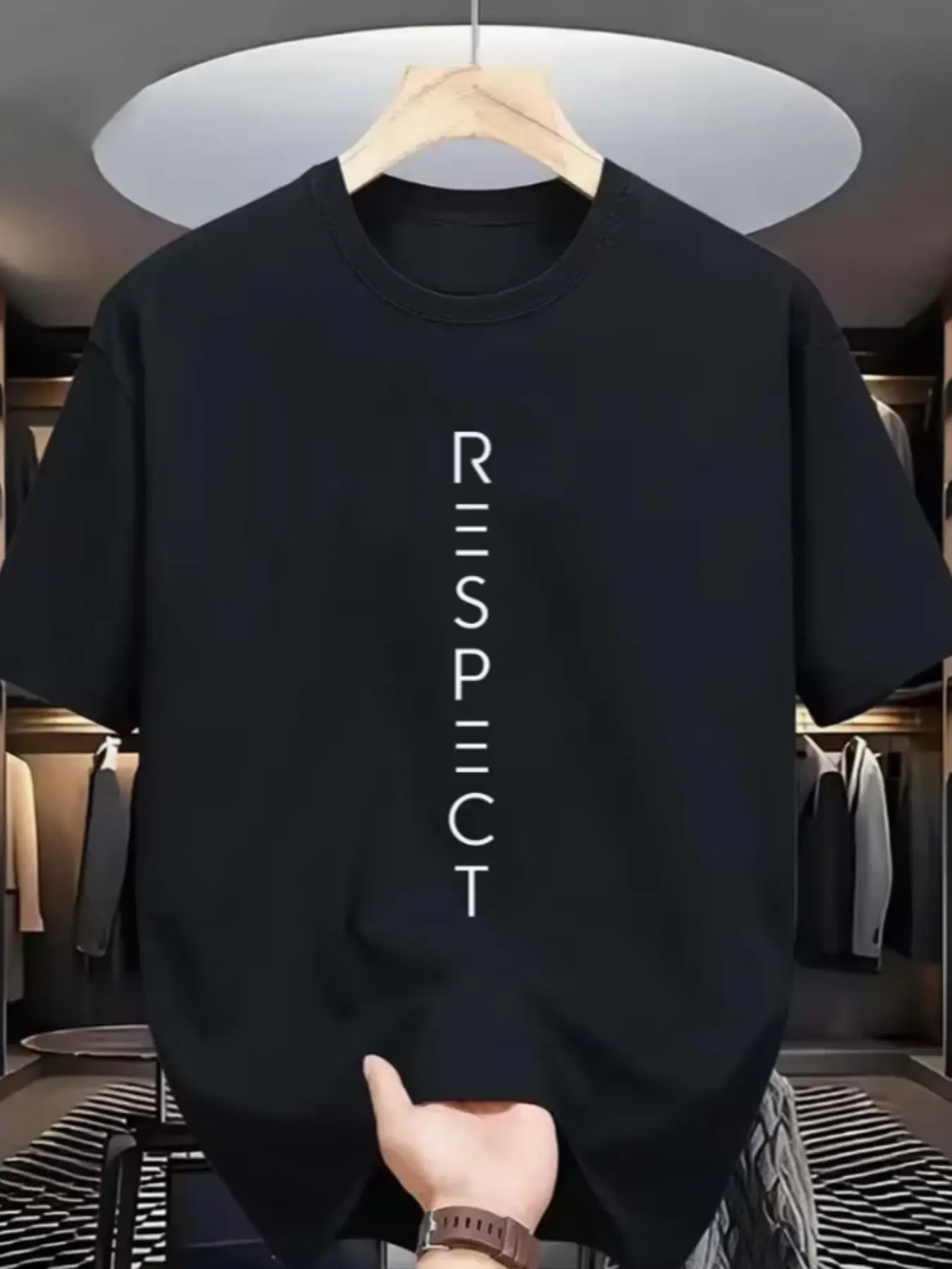 Respect Crop T-Shirt, Casual Fitted Print Top, Men's Loose Fit Letter Pattern, Trendy Short Sleeve Tee, Plain Surface Unlined
