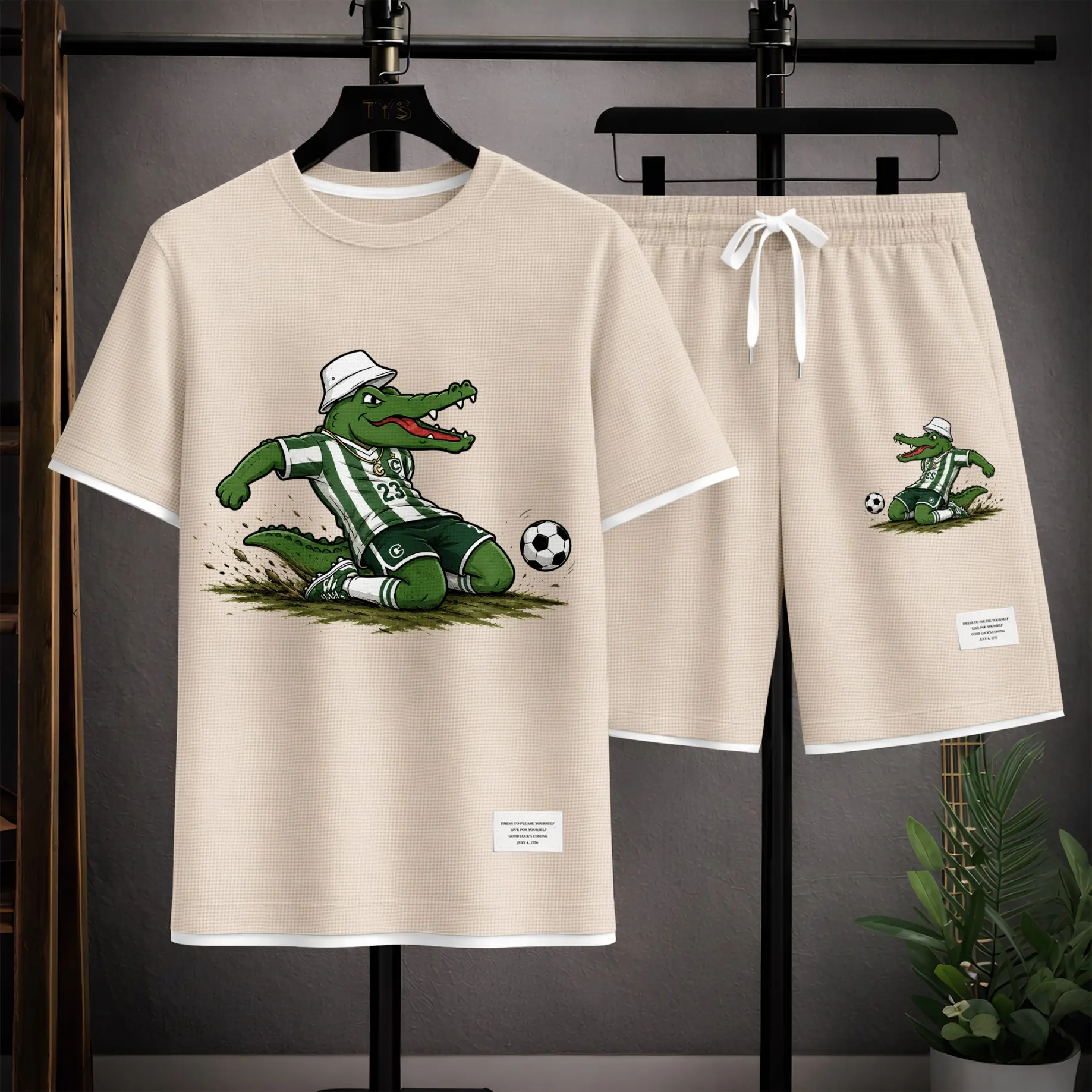 Men’s Cartoon Crocodile Soccer Graphic Waffle Knit Short Sleeve Shirt and Shorts Set, 2 Piece Summer Casual Athletic Outfit with Crew Neck Tee and Drawstring Shorts for Streetwear, Gym, Outdoor, Travel, Vacation and Daily Wear