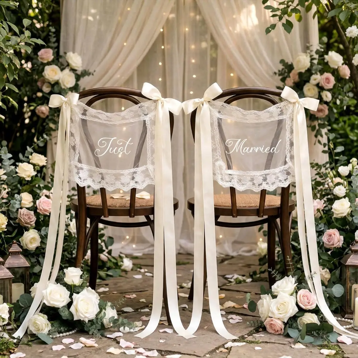 Just Married Chair Signs Set of 2, Rustic Bride & Groom Wedding Chair Decorations with Ribbon, Sweetheart Table Chair Banners for Wedding Ceremony, Reception & Bridal Shower